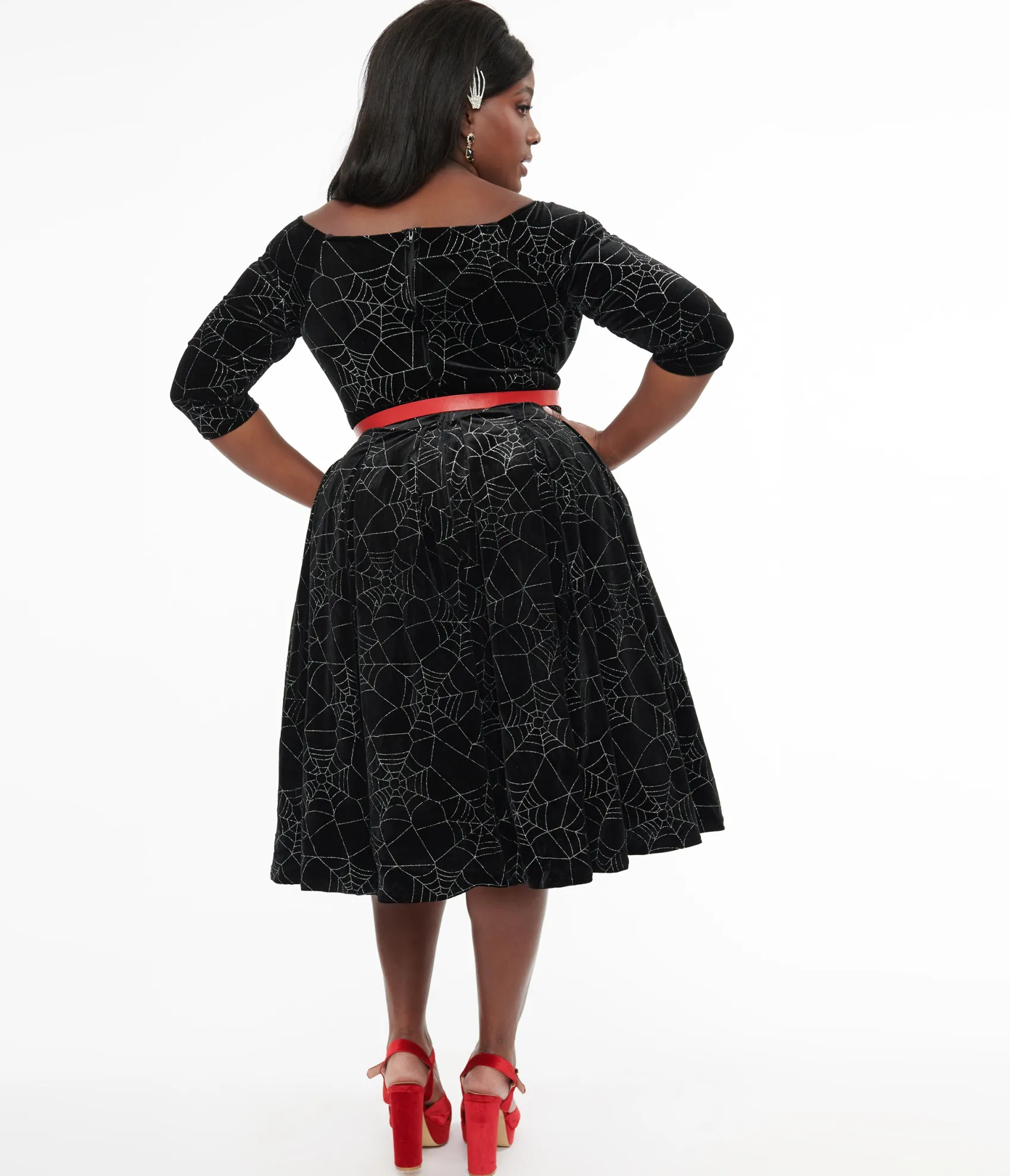 Unique Vintage Plus Size 1950s Black Velvet & Silver Spiderweb Marceline Swing Dress Sale