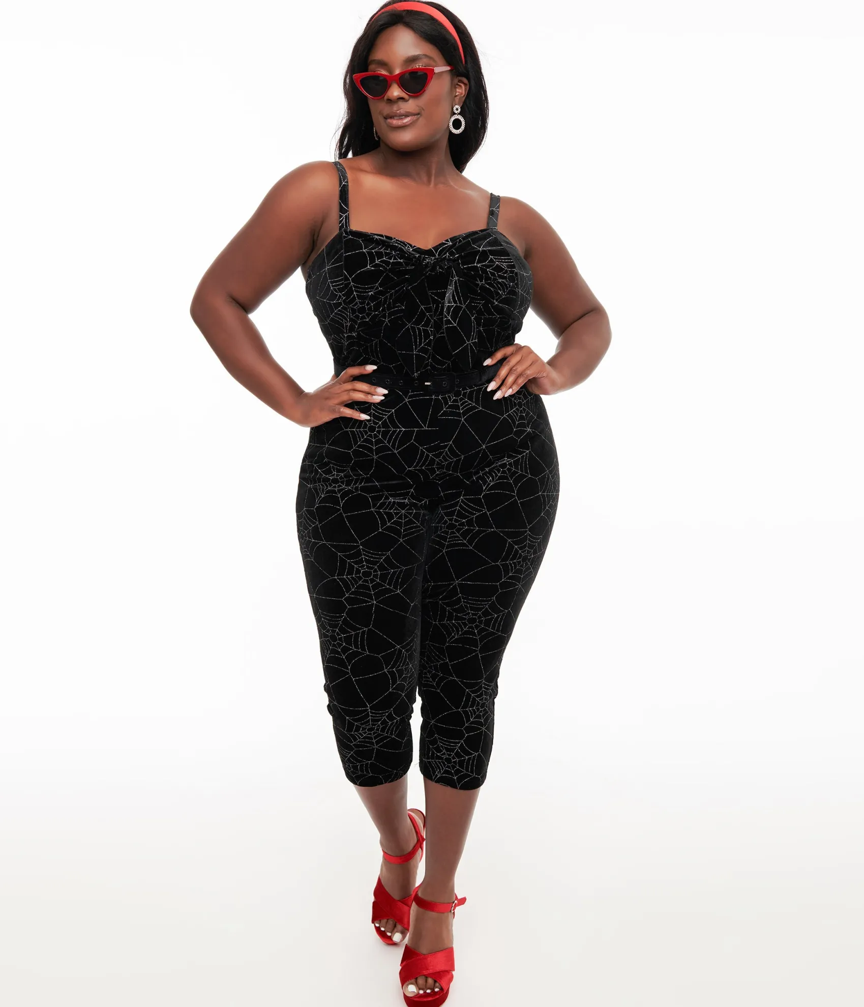 Unique Vintage Plus Size 1950s Black Velvet & Silver Web Cropped Jumpsuit Discount