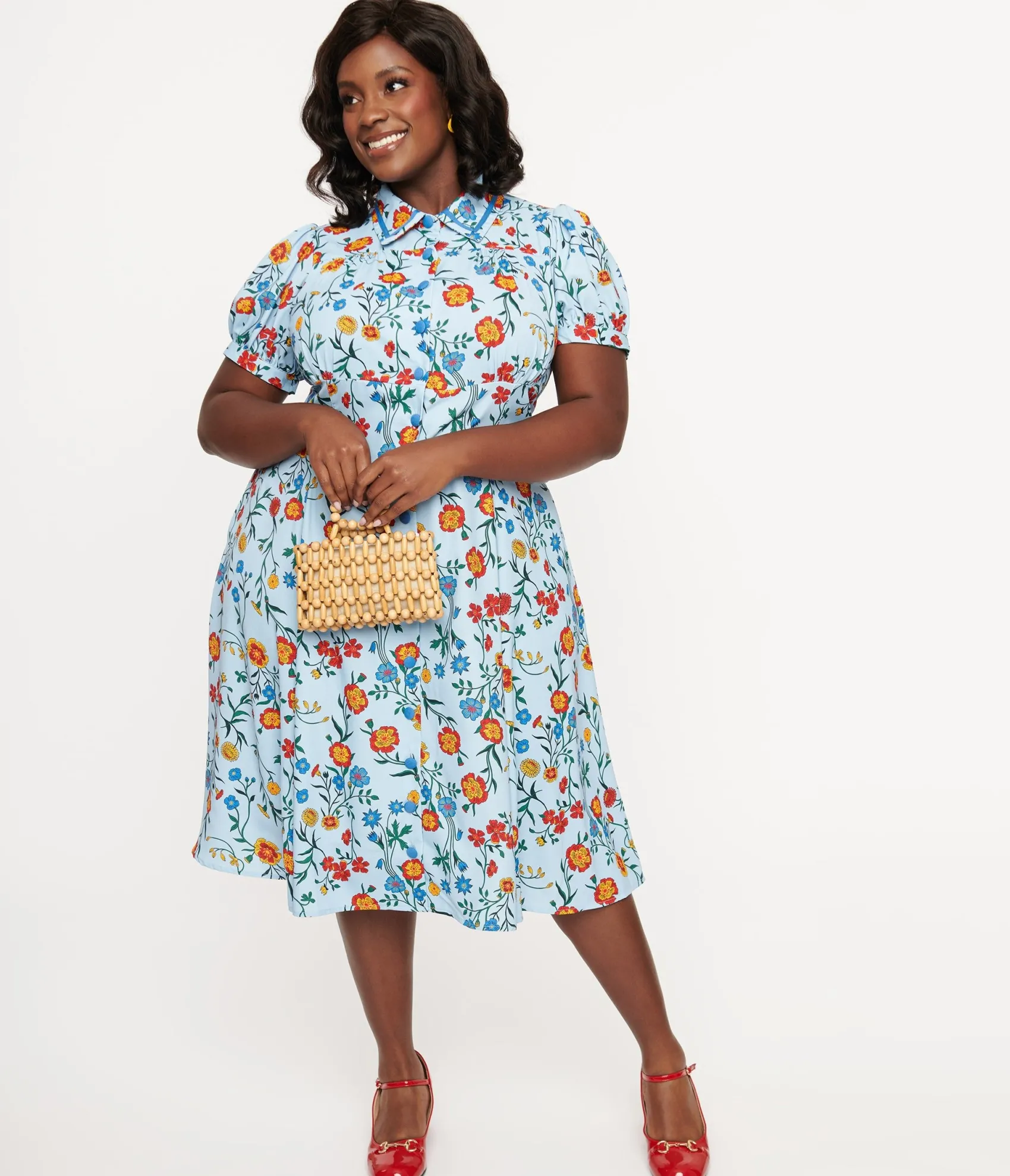 Unique Vintage Plus Size 1950s Blue Floral Fit & Flare Dress Shop