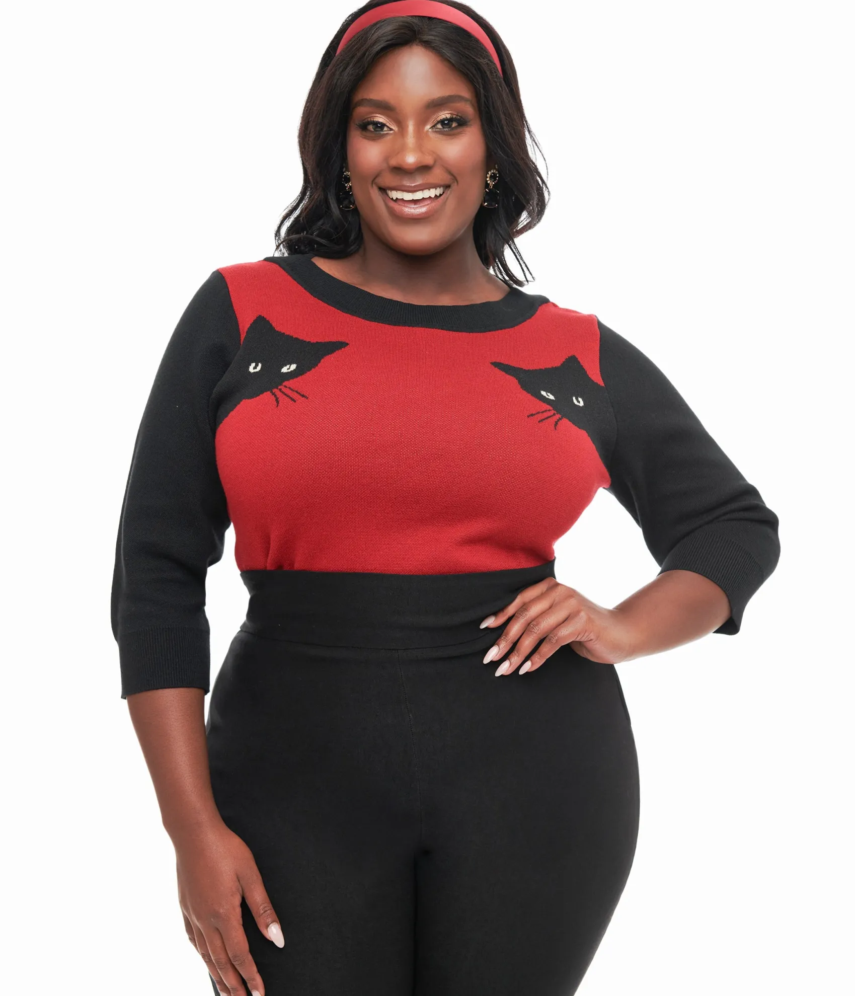Unique Vintage Plus Size 1950s Burgundy & Black Cat Sleeve Minou Sweater Flash Sale