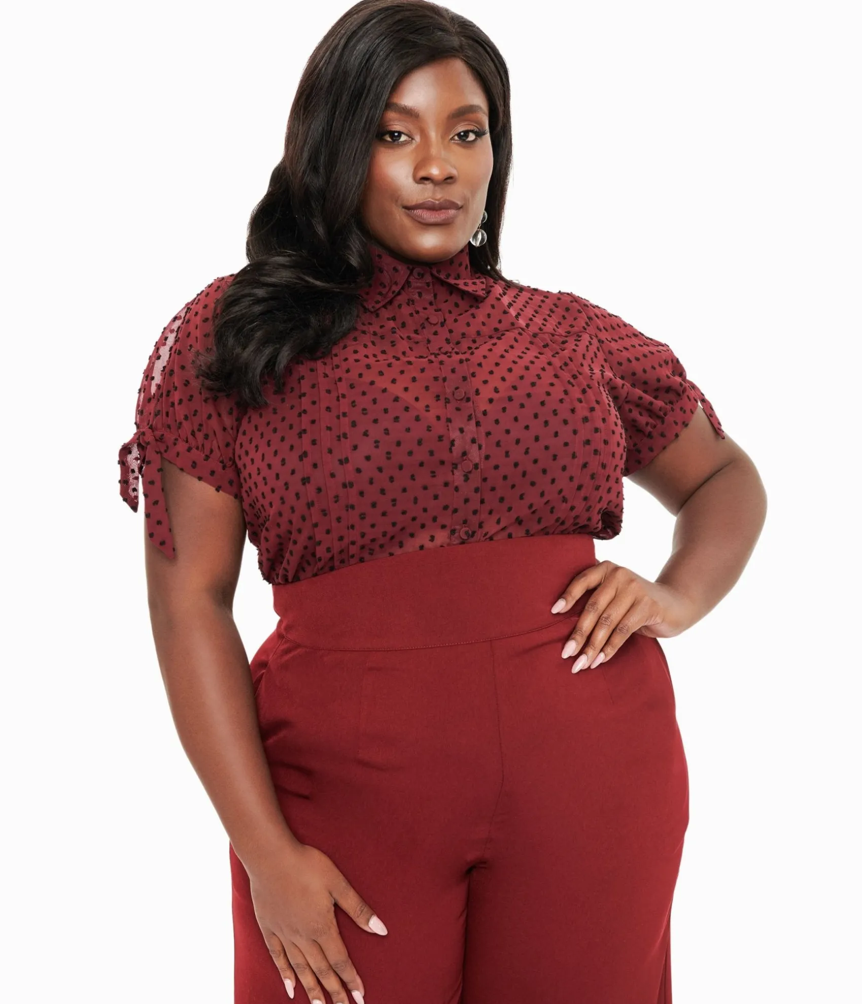 Unique Vintage Plus Size 1950s Burgundy & Black Clip Dot Tie Cuff Blouse Fashion