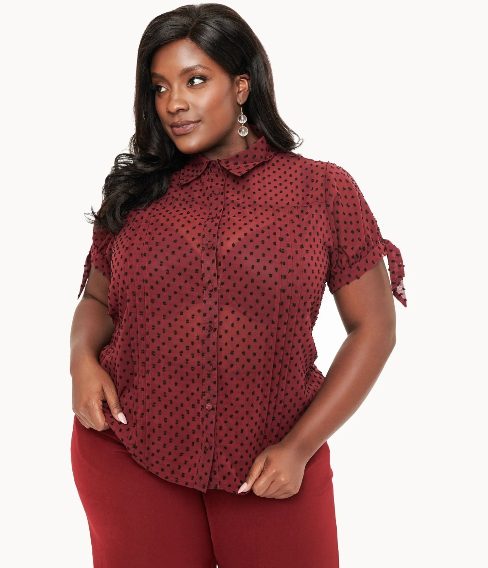 Unique Vintage Plus Size 1950s Burgundy & Black Clip Dot Tie Cuff Blouse Fashion