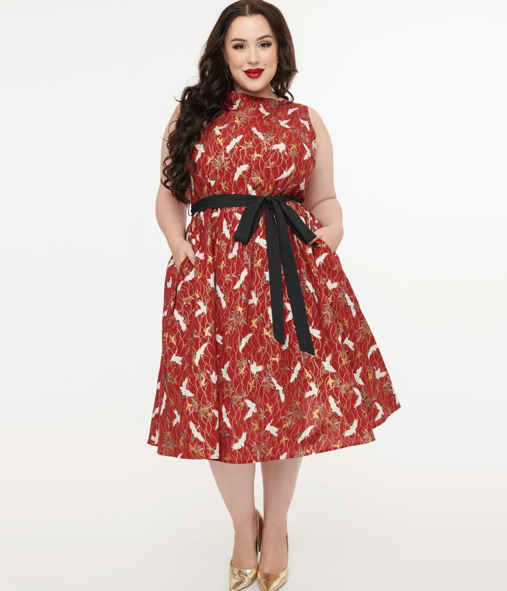 Unique Vintage Plus Size 1950s Burgundy Fall Crane Sleeveless Swing Dress Shop