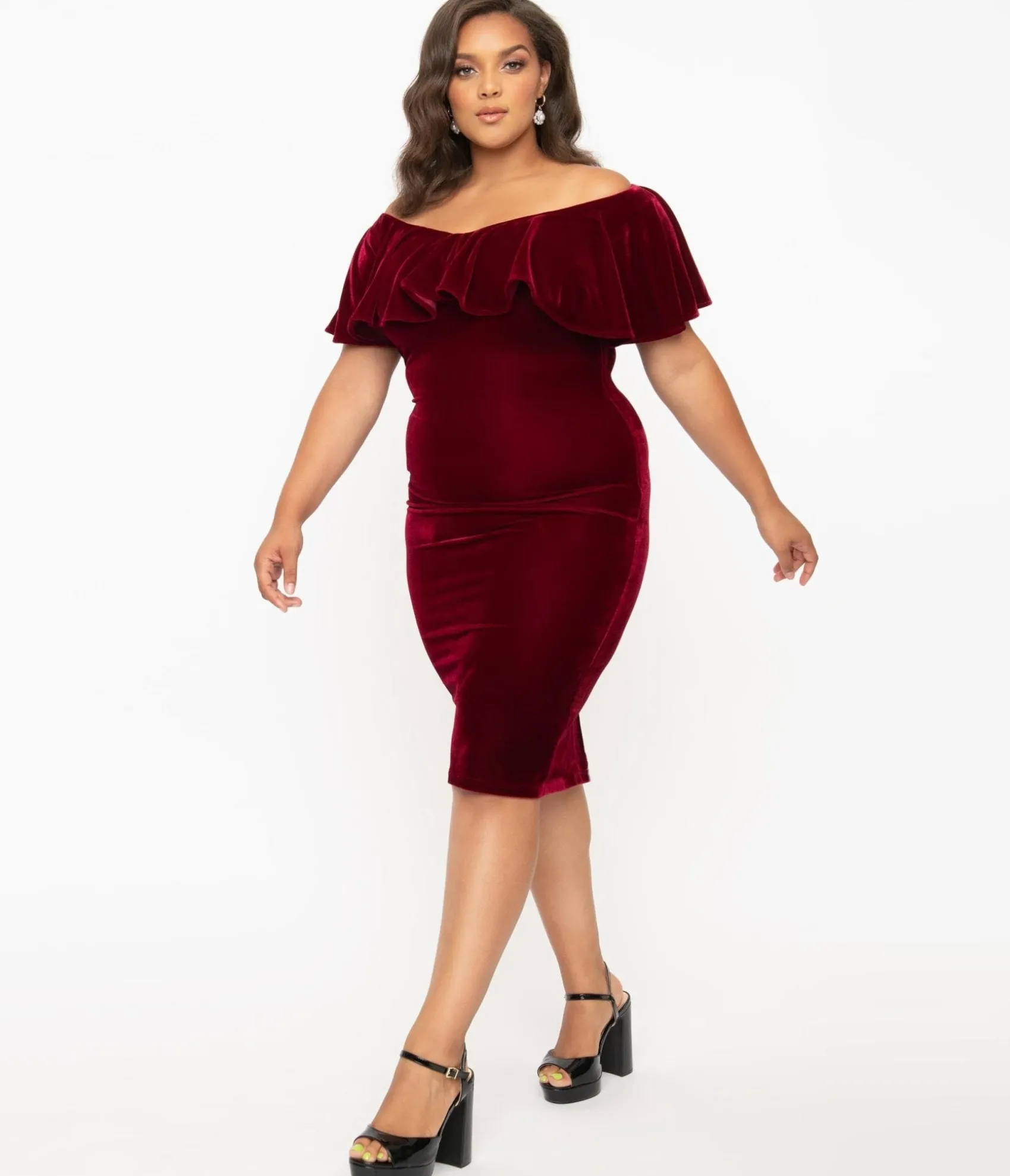 Unique Vintage Plus Size 1950s Burgundy Red Velvet Sophia Wiggle Dress Shop