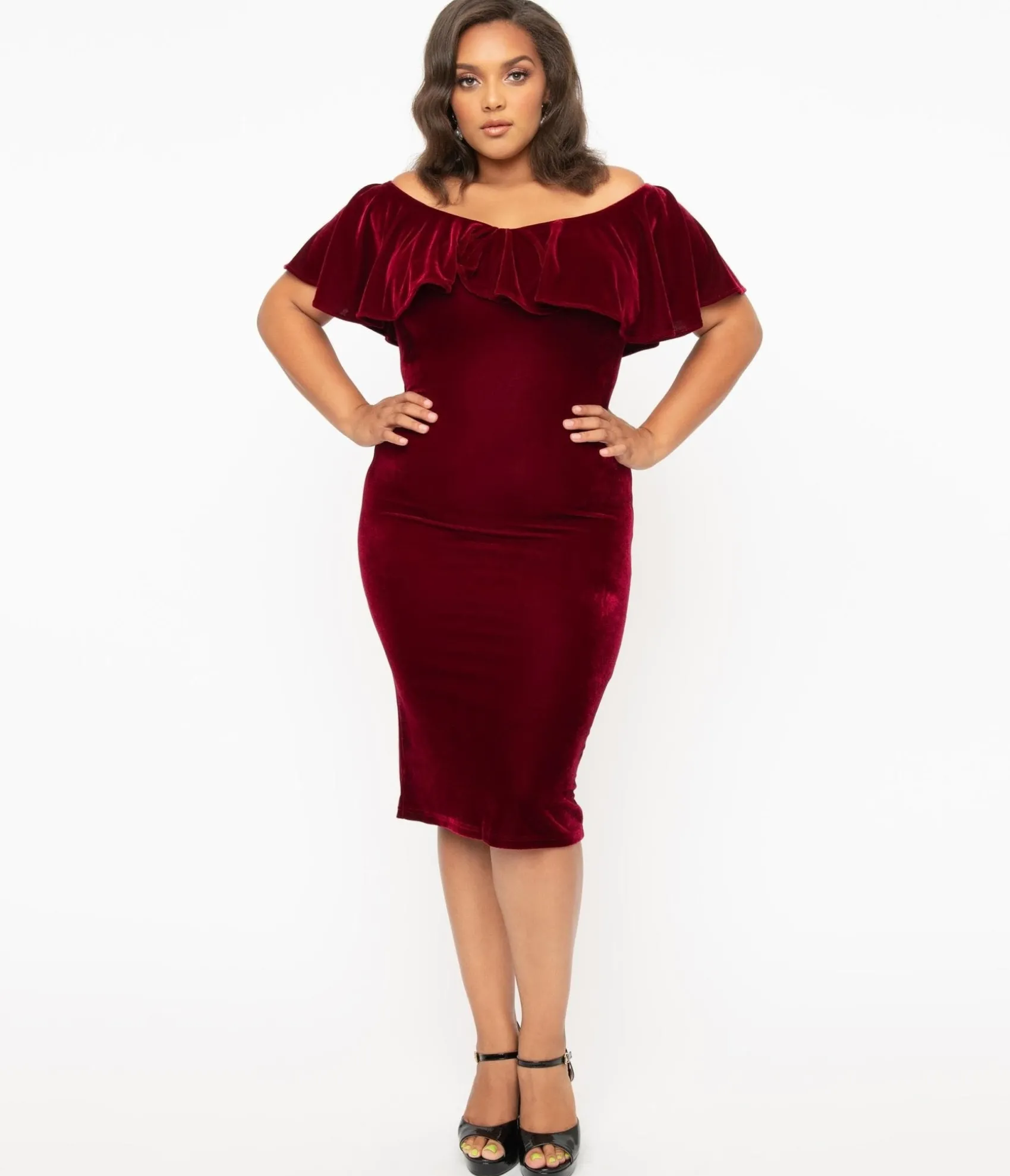 Unique Vintage Plus Size 1950s Burgundy Red Velvet Sophia Wiggle Dress Shop