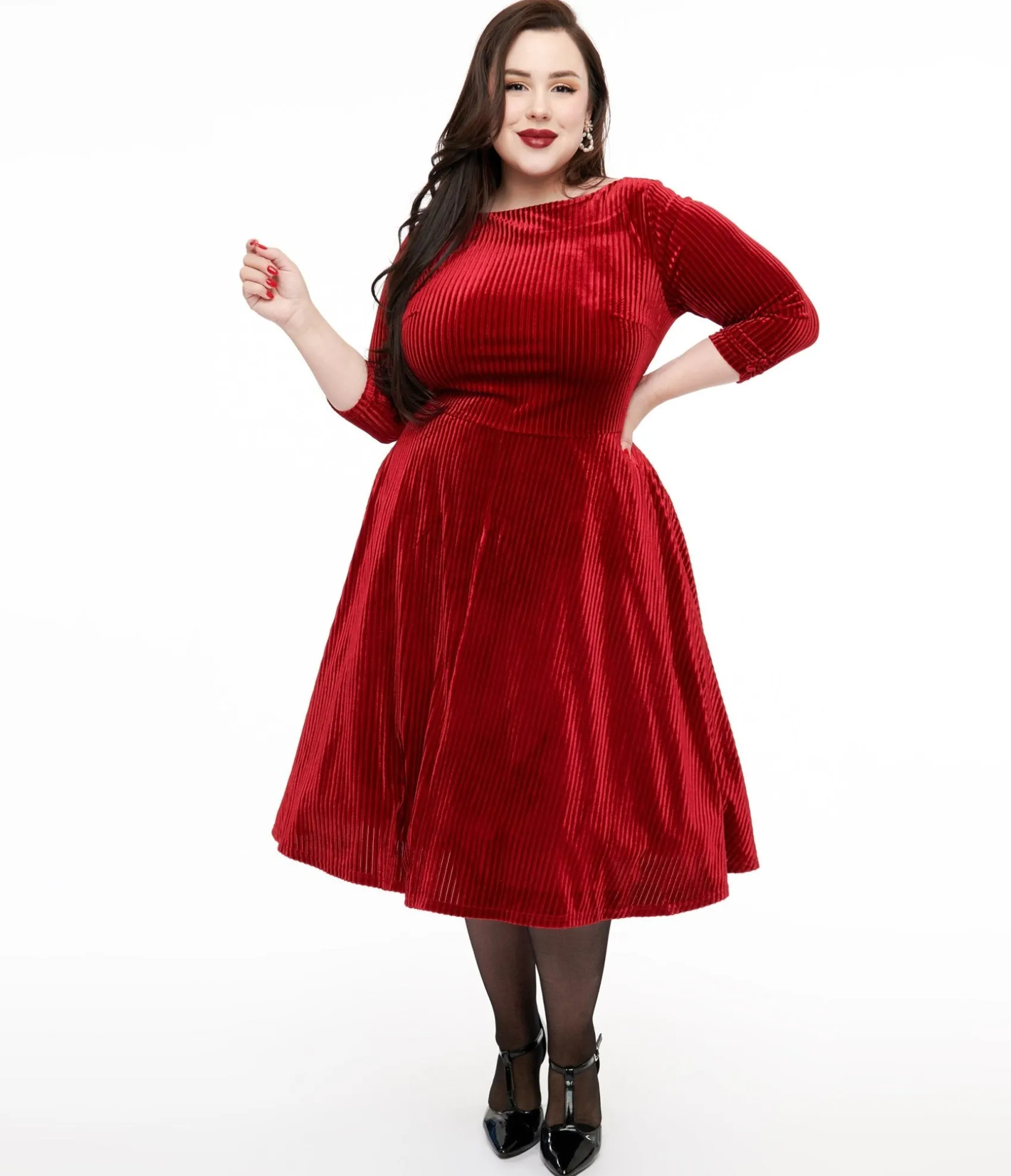 Unique Vintage Plus Size 1950s Burgundy Textured Velvet Devon Swing Dress Cheap