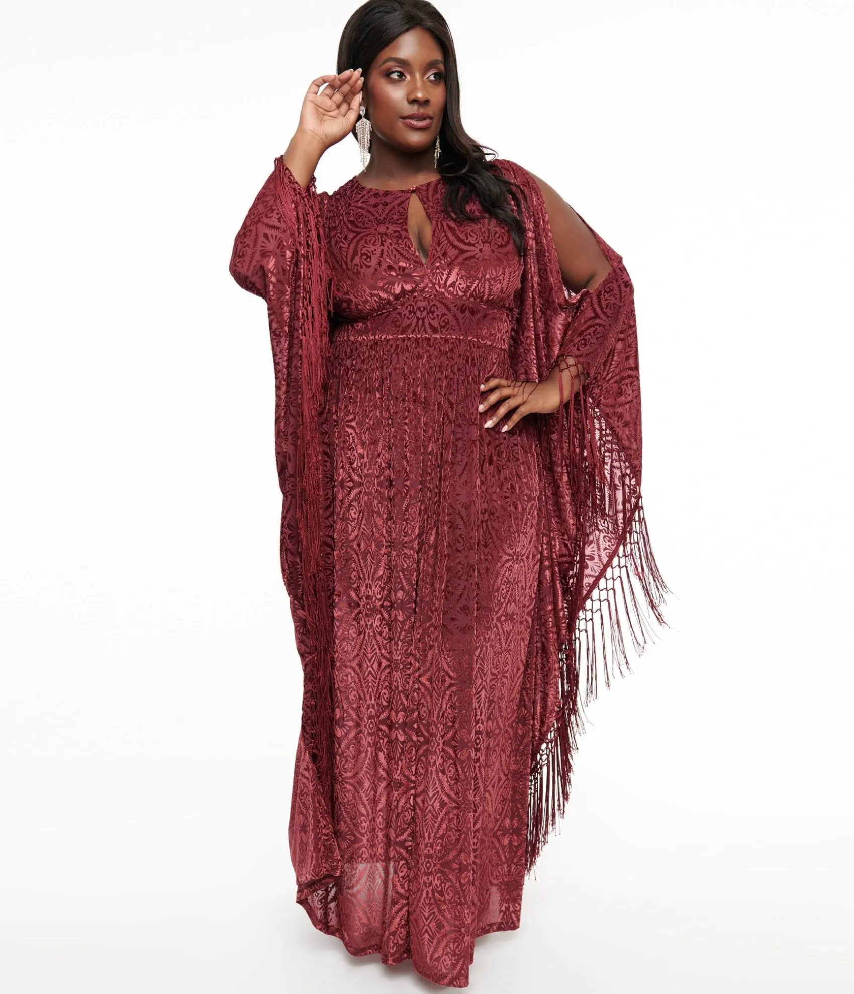 Unique Vintage Plus Size 1960s Burgundy Velvet Burnout Caftan Cheap