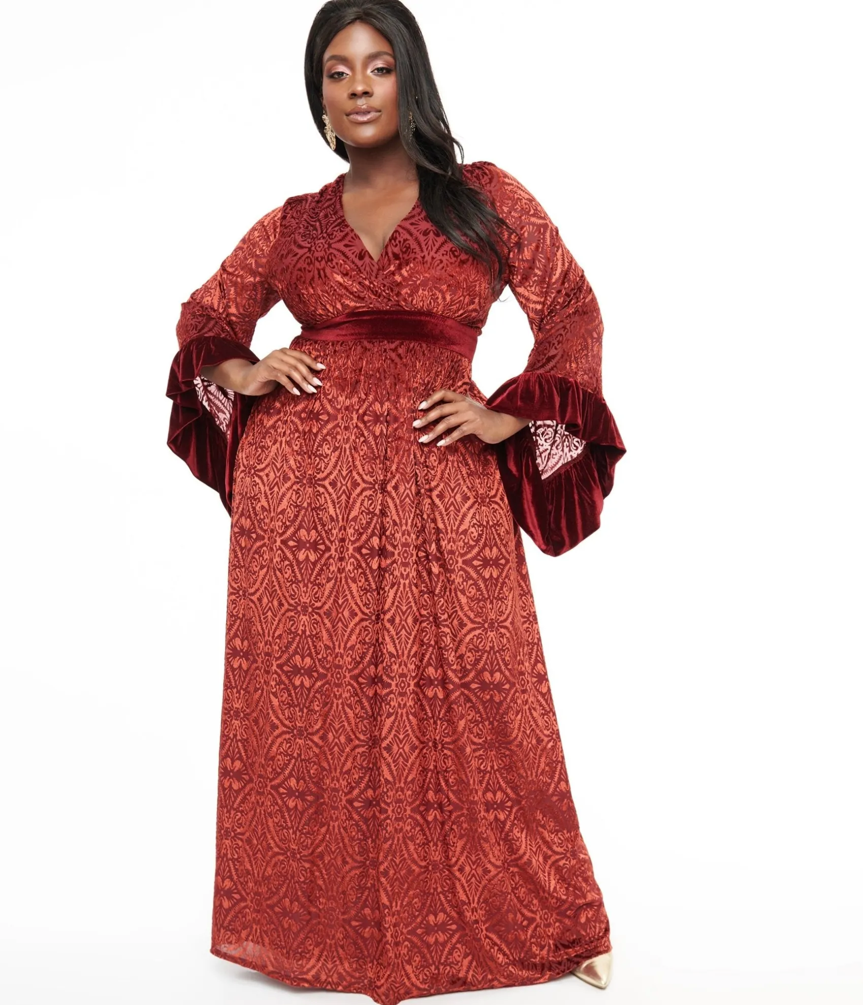 Unique Vintage Plus Size 1970s Burgundy Velvet Burnout Maxi Dress Online