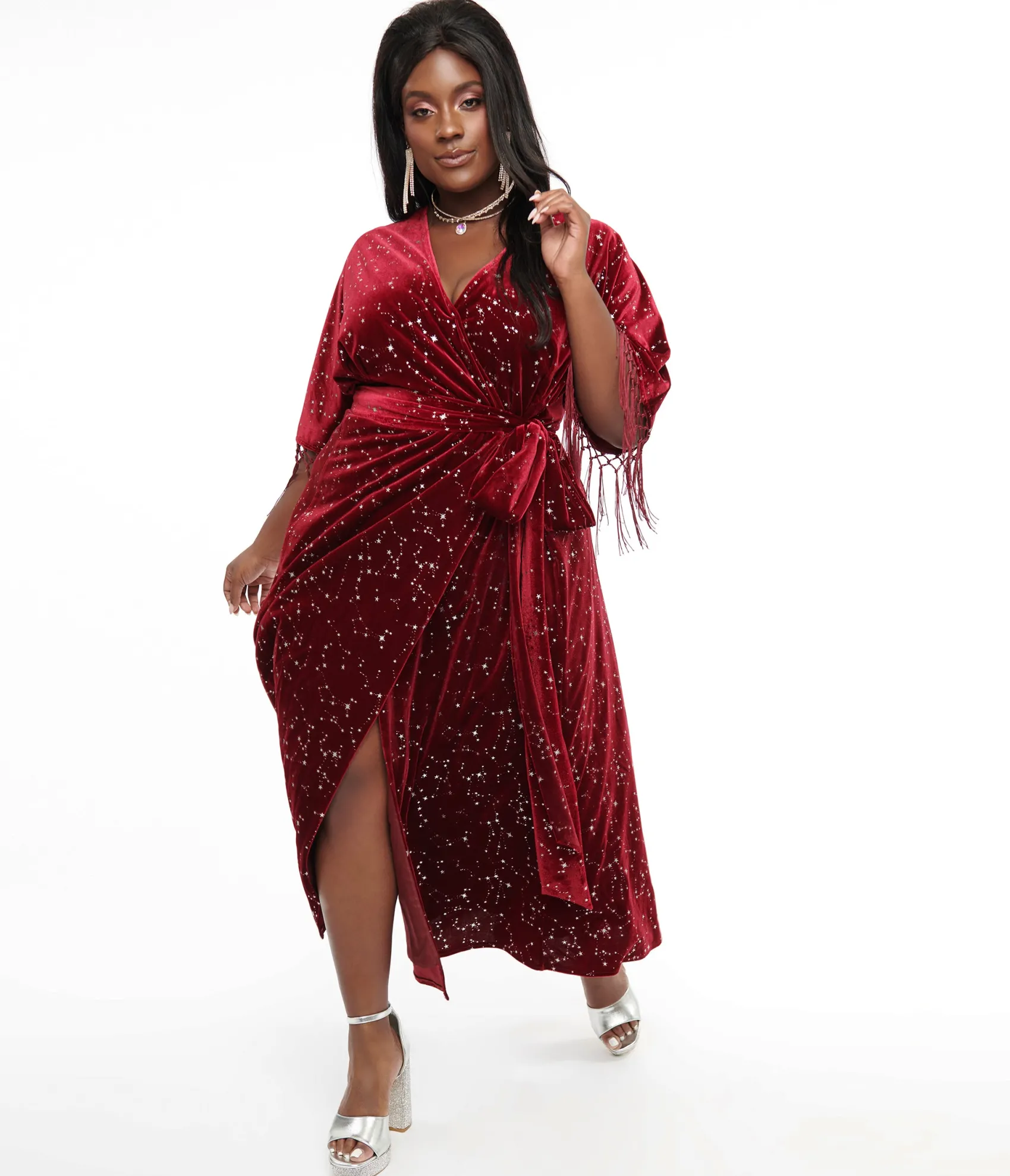 Unique Vintage Plus Size 1970s Burgundy Velvet Silver Star Wrap Midi Dress Clearance