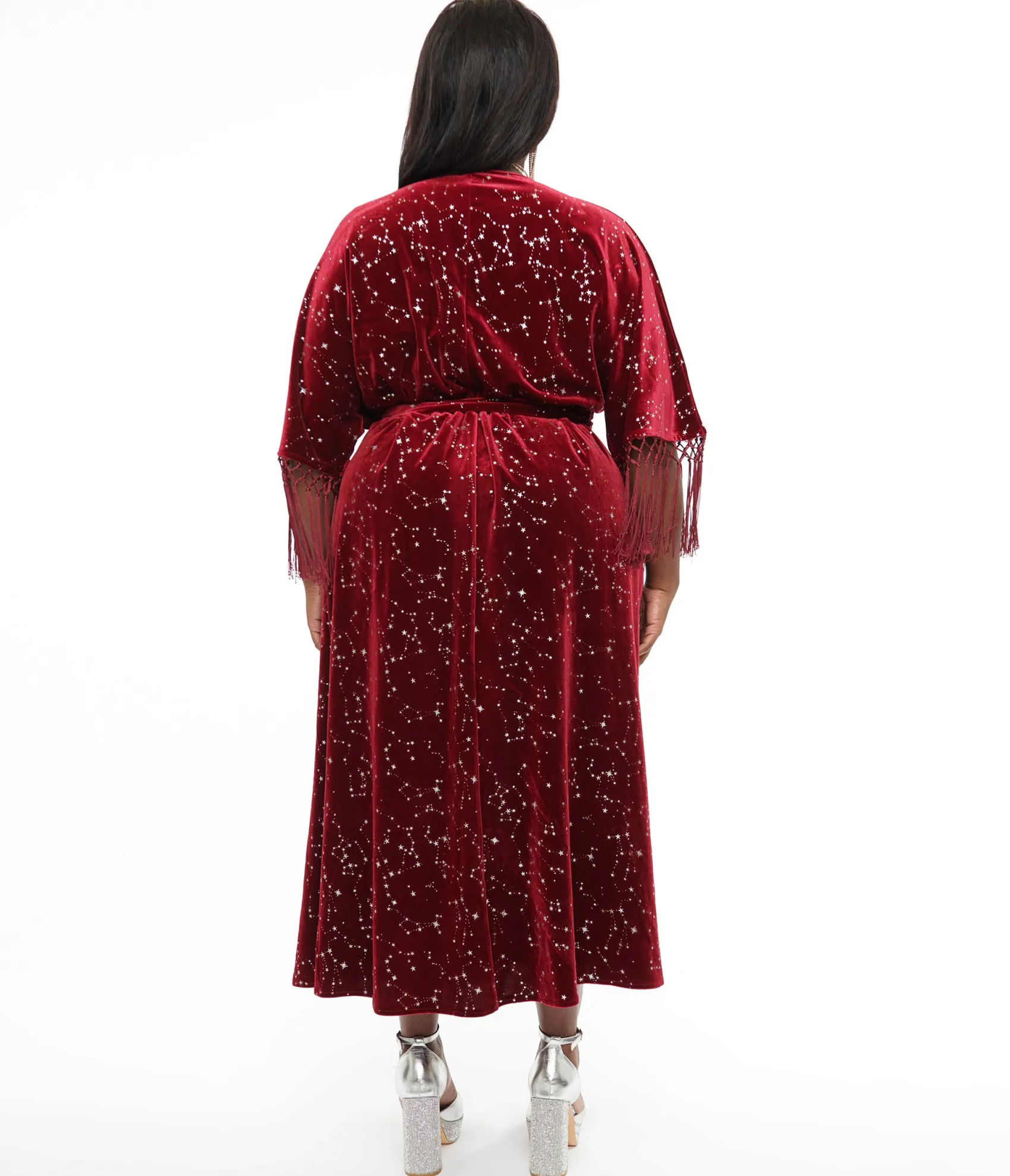 Unique Vintage Plus Size 1970s Burgundy Velvet Silver Star Wrap Midi Dress Clearance