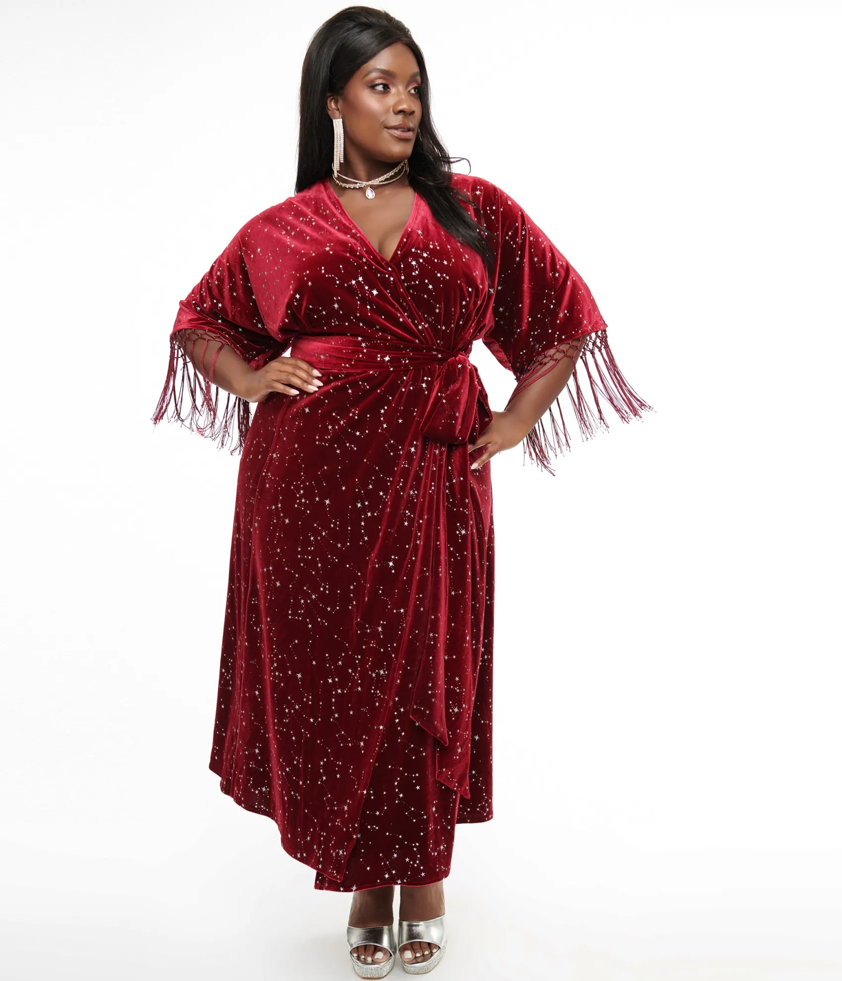 Unique Vintage Plus Size 1970s Burgundy Velvet Silver Star Wrap Midi Dress Clearance