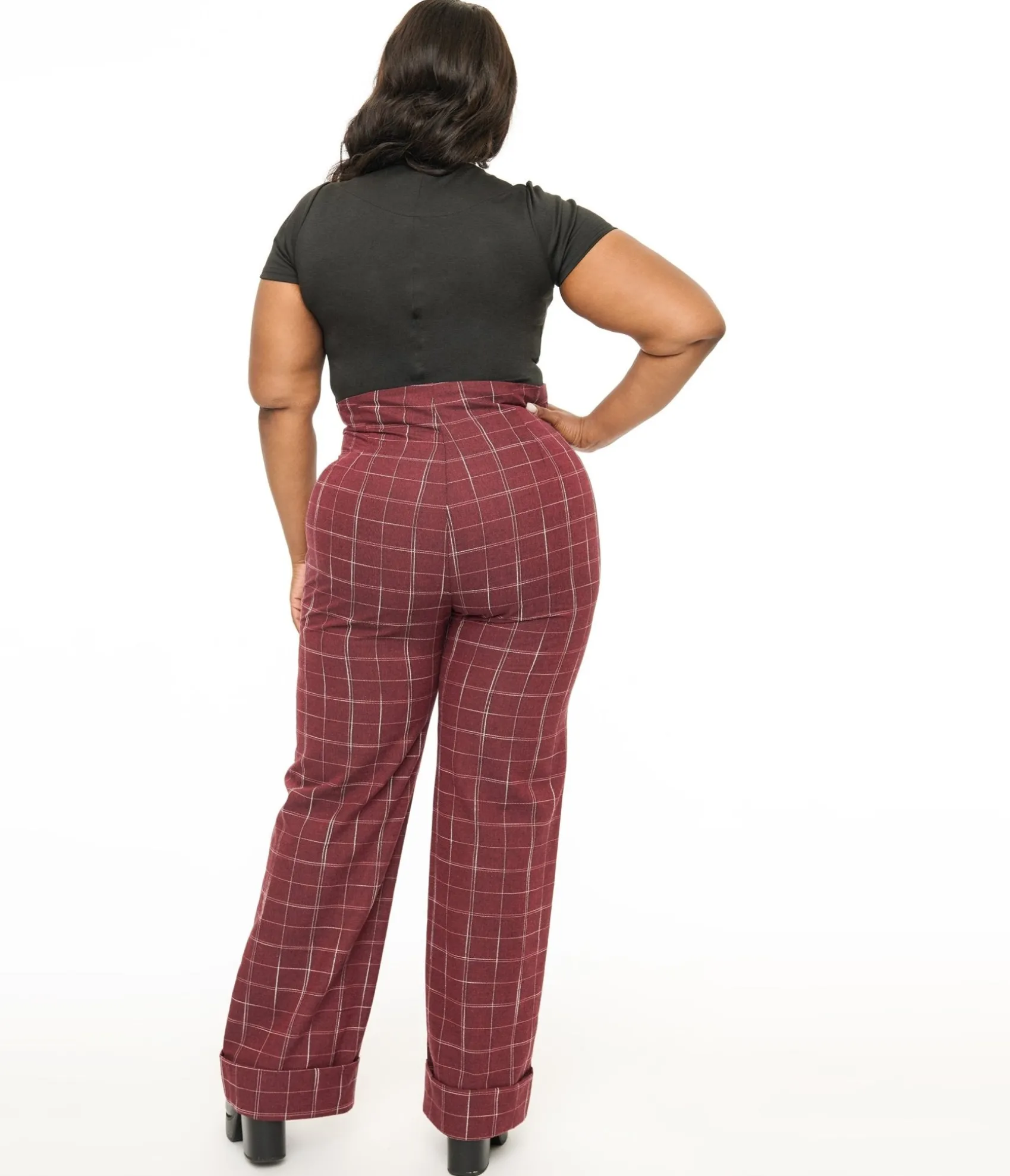 Unique Vintage Plus Size 1940s Burgundy Windowpane Buttoned Wide Leg Trousers Cheap