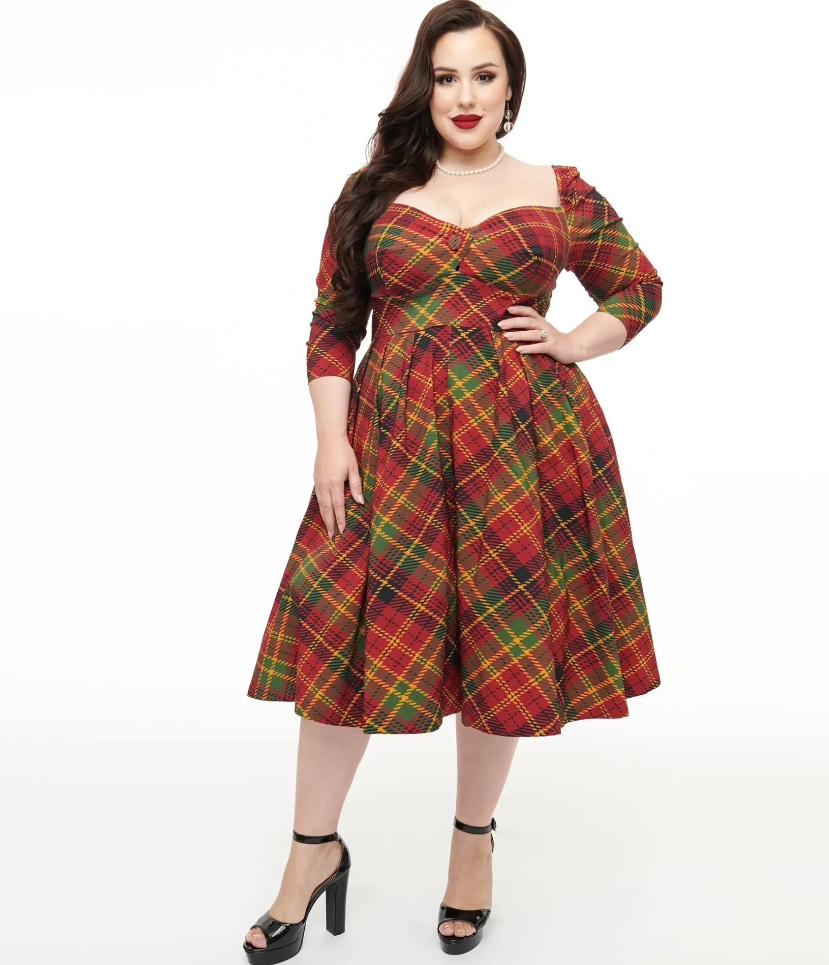 Unique Vintage Plus Size 1950s Burnt Orange & Green Plaid Lamar Swing Dress Best Sale