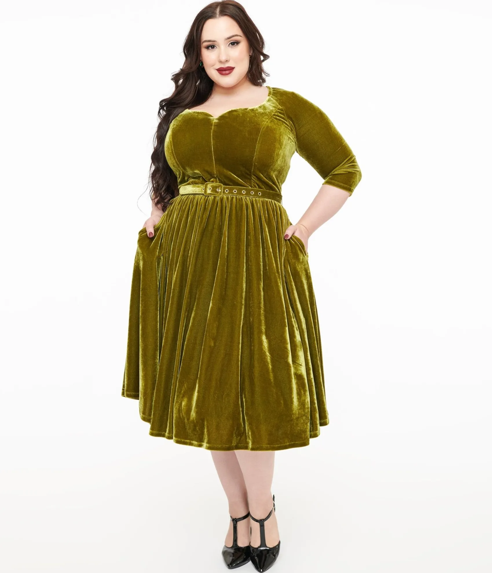 Unique Vintage Plus Size 1950s Chartreuse Velvet Sweetheart Swing Dress Best Sale