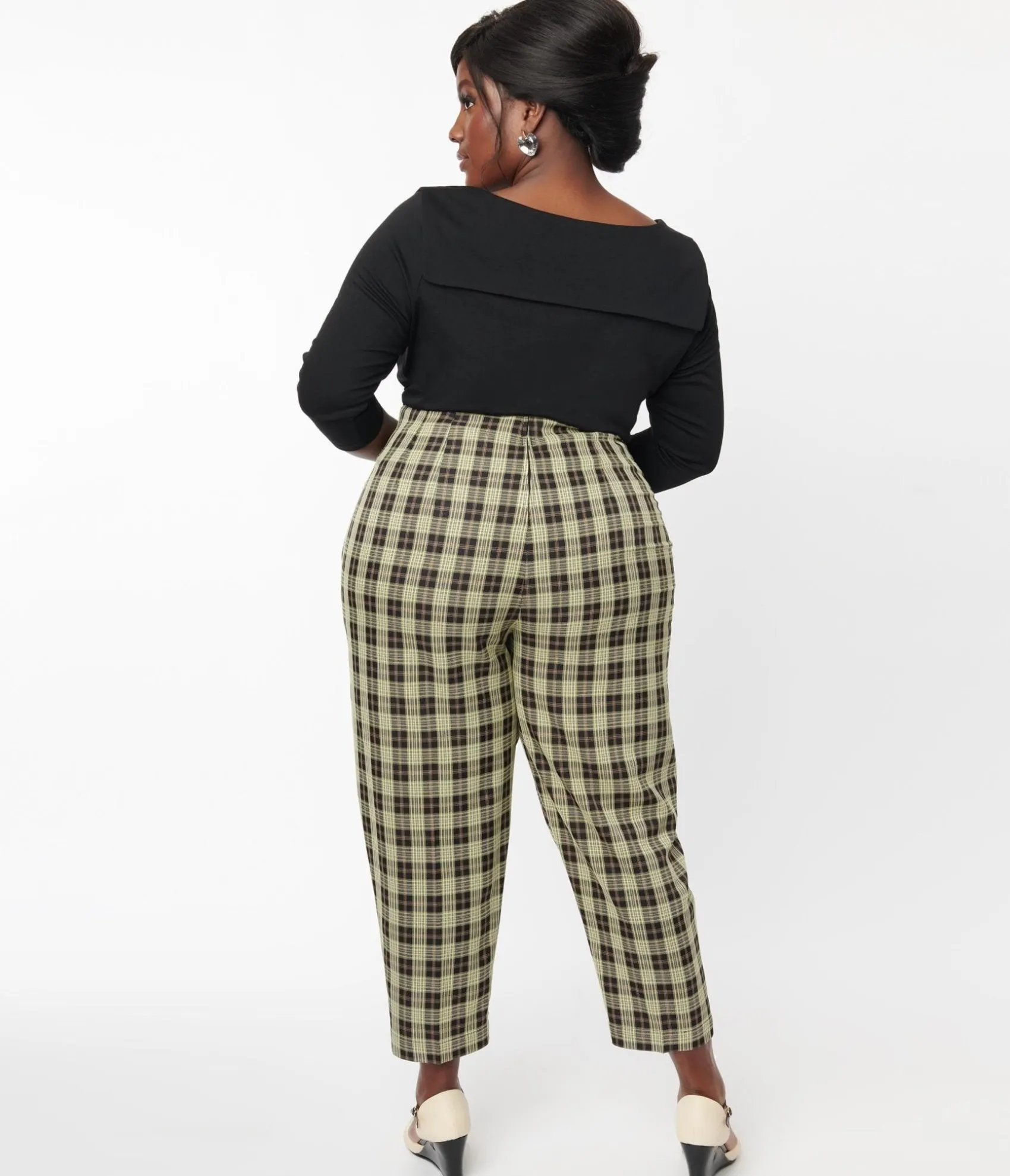 Unique Vintage Plus Size 1930s Cream & Black Plaid Front Pleat Pants Sale