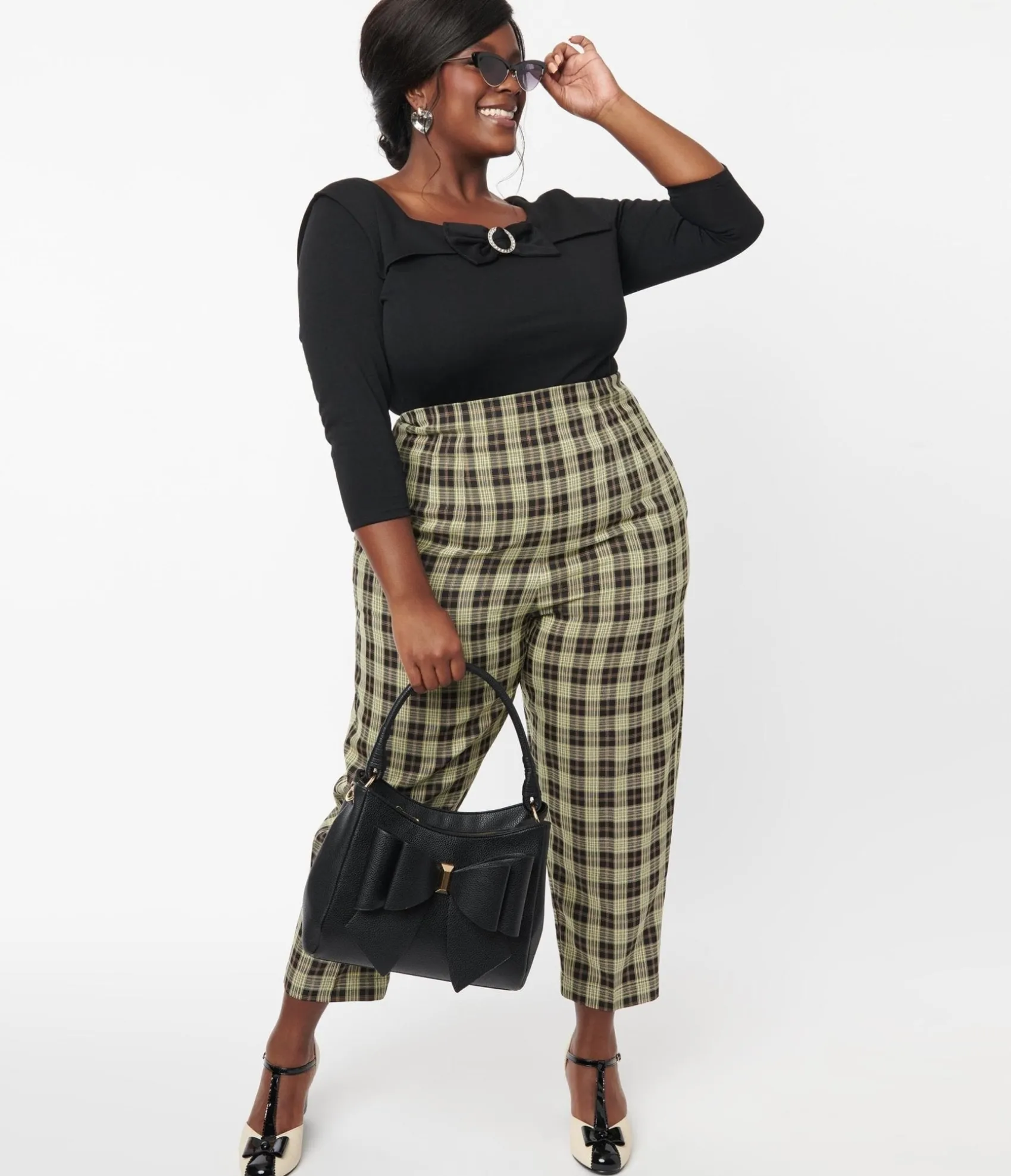 Unique Vintage Plus Size 1930s Cream & Black Plaid Front Pleat Pants Sale