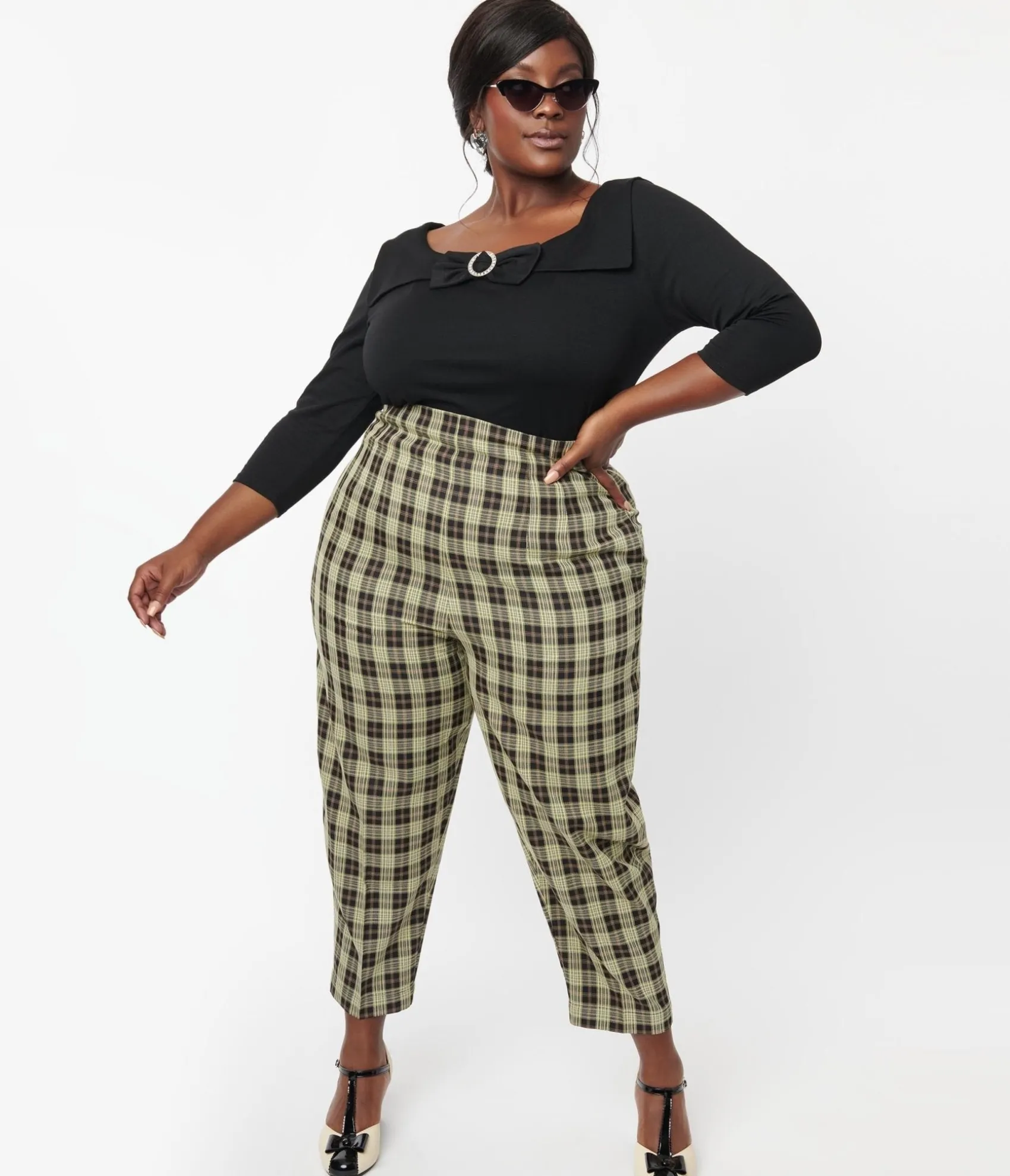 Unique Vintage Plus Size 1930s Cream & Black Plaid Front Pleat Pants Sale