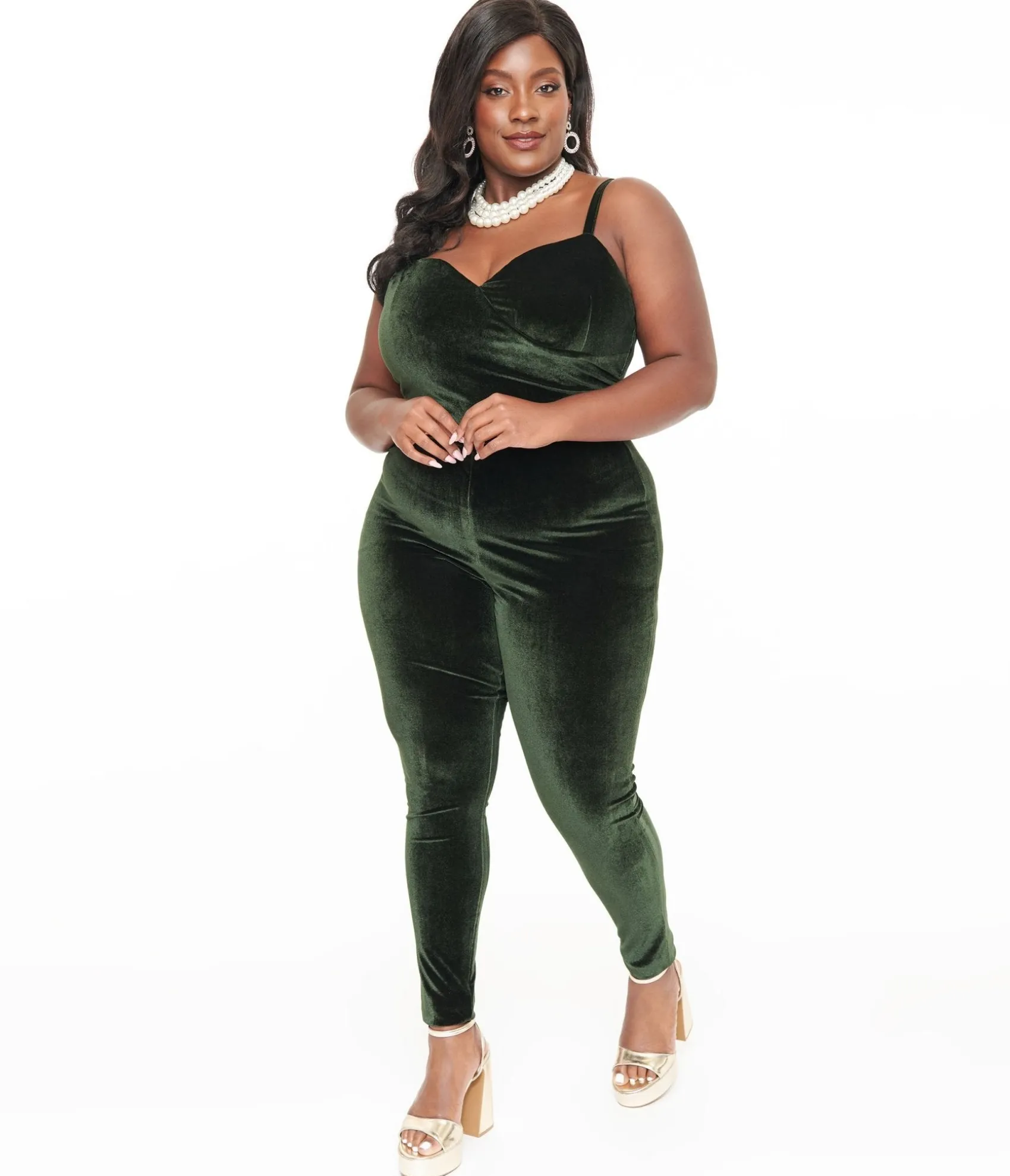Unique Vintage Plus Size 1970s Dark Green Velvet Jumpsuit Clearance