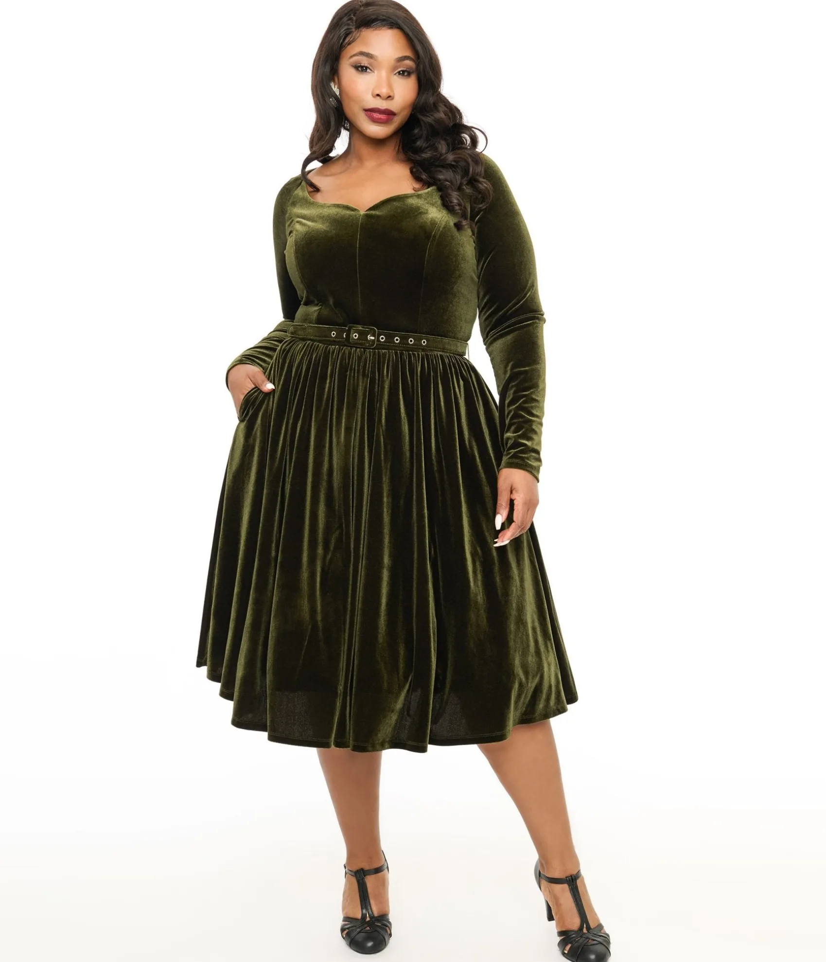 Unique Vintage Plus Size 1950s Dark Olive Velvet Sweetheart Swing Dress Cheap
