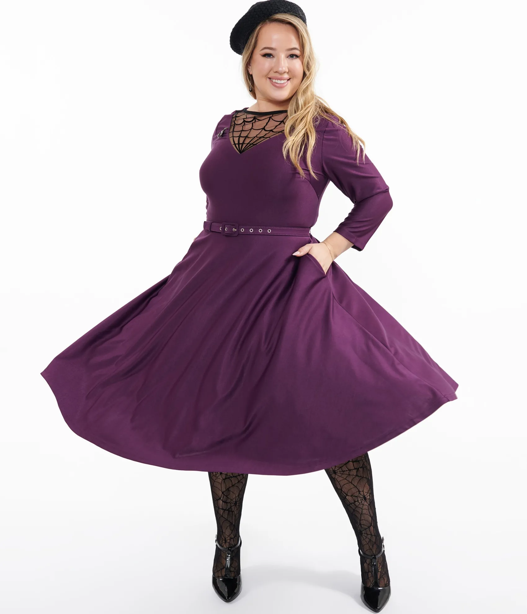 Unique Vintage Plus Size 1950s Eggplant & Black Spiderweb Devon Swing Dress Discount