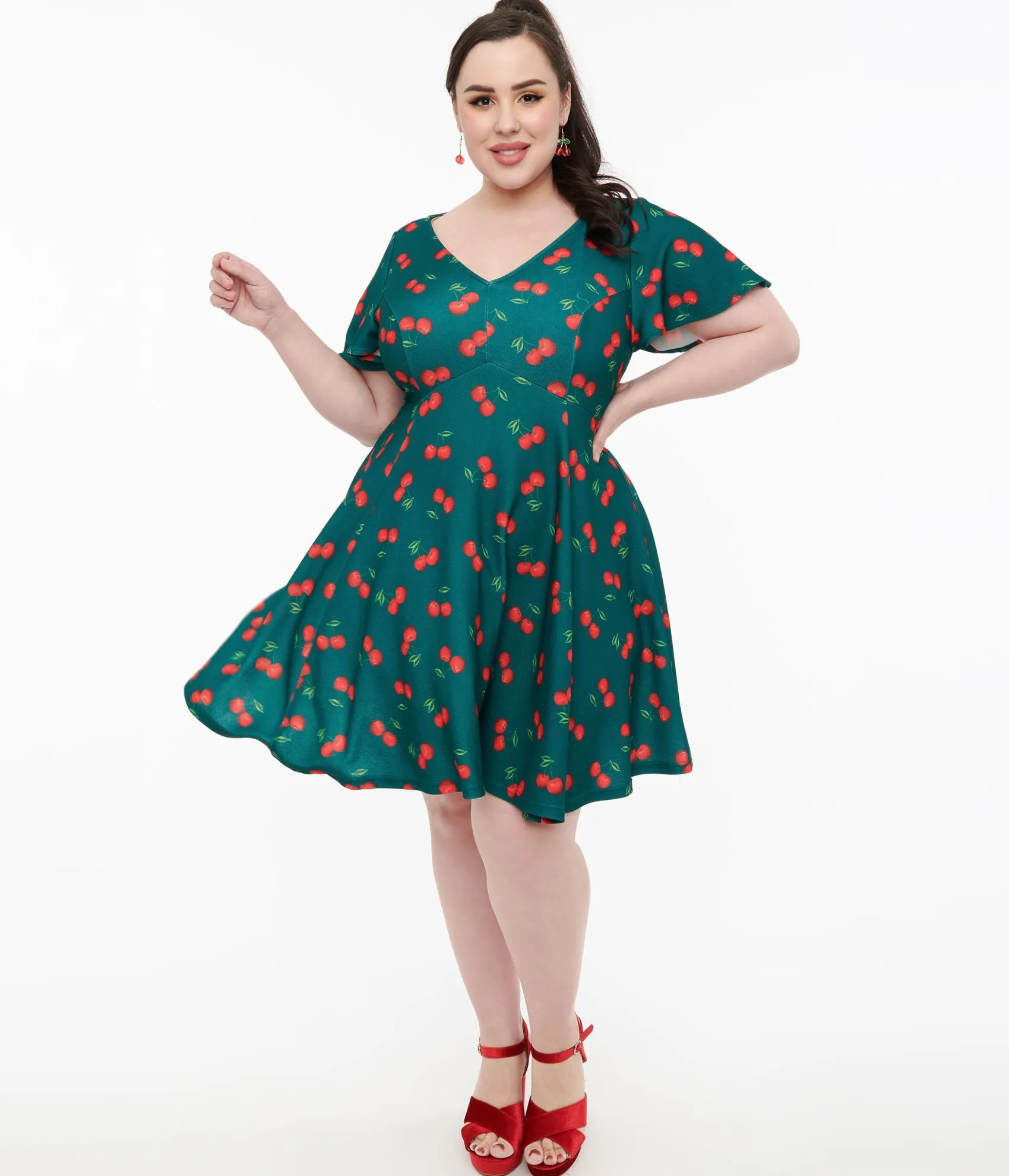 Unique Vintage Plus Size 1950s Emerald & Cherry Print Poppy Flare Dress New