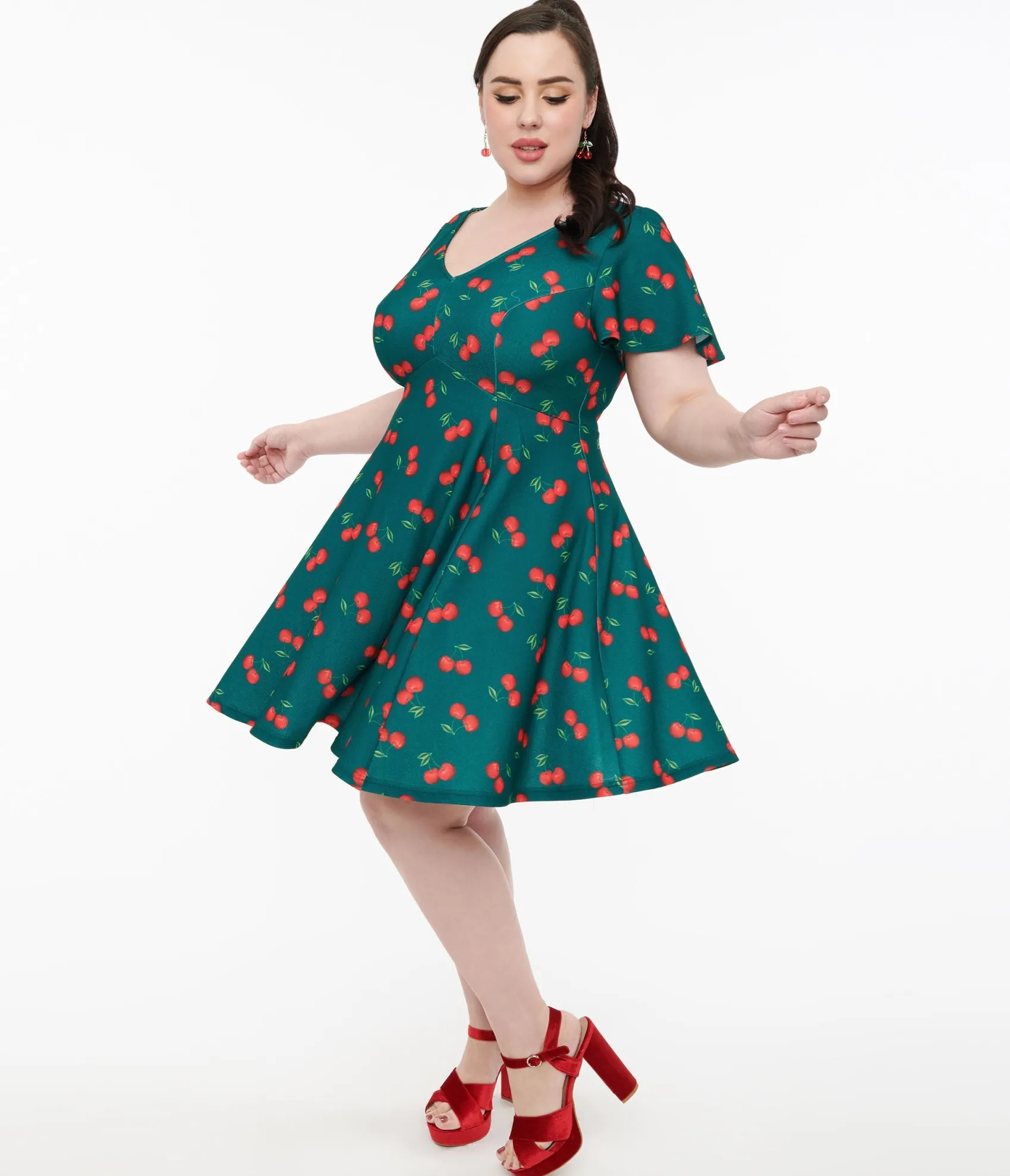 Unique Vintage Plus Size 1950s Emerald & Cherry Print Poppy Flare Dress New