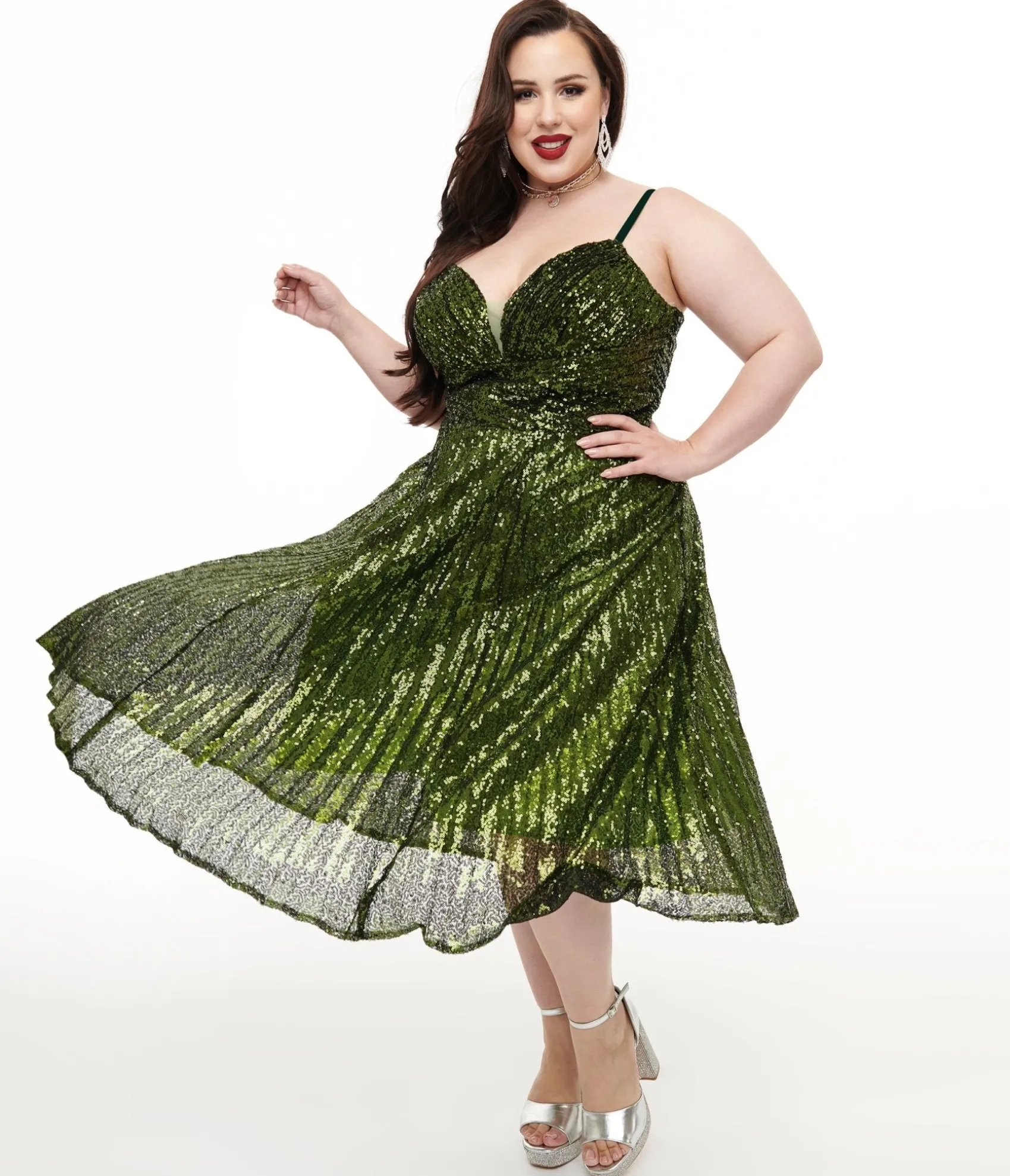 Unique Vintage Plus Size 1950s Emerald Pleated Sequin Swing Dress Store
