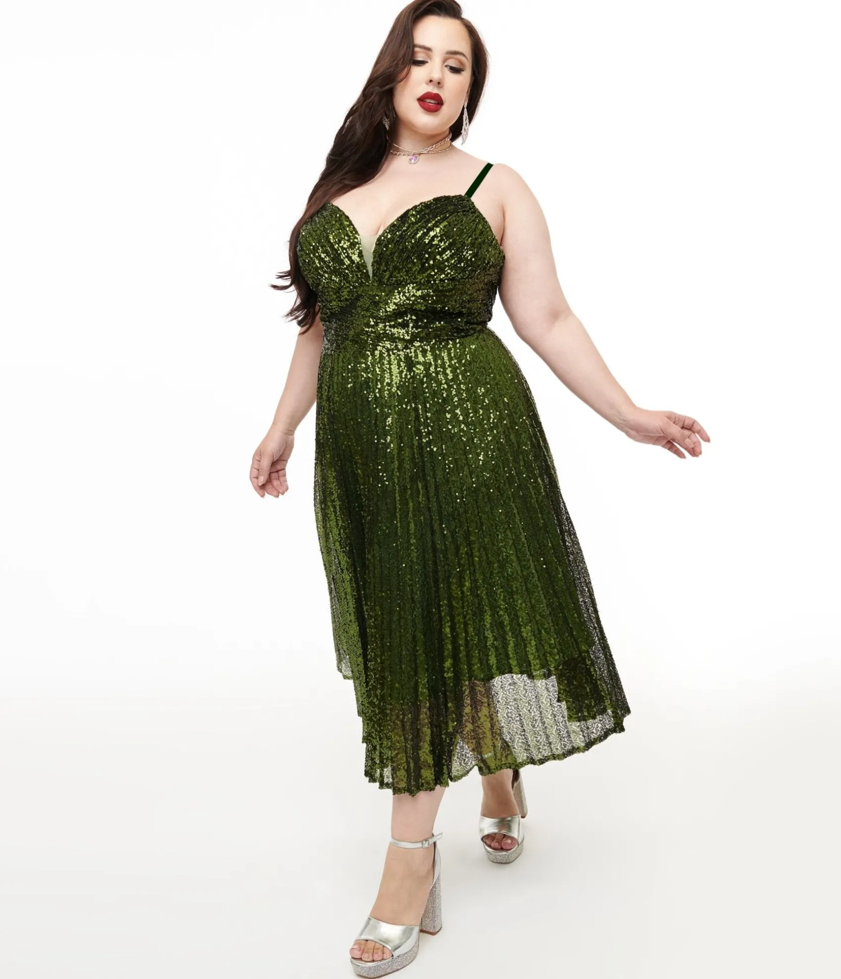 Unique Vintage Plus Size 1950s Emerald Pleated Sequin Swing Dress Store