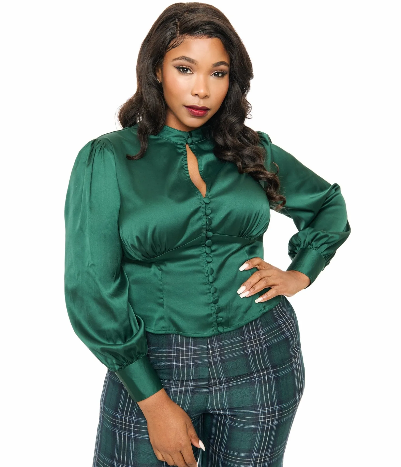 Unique Vintage Plus Size 1970s Emerald Satin Keyhole Button Waist Blouse Best Sale