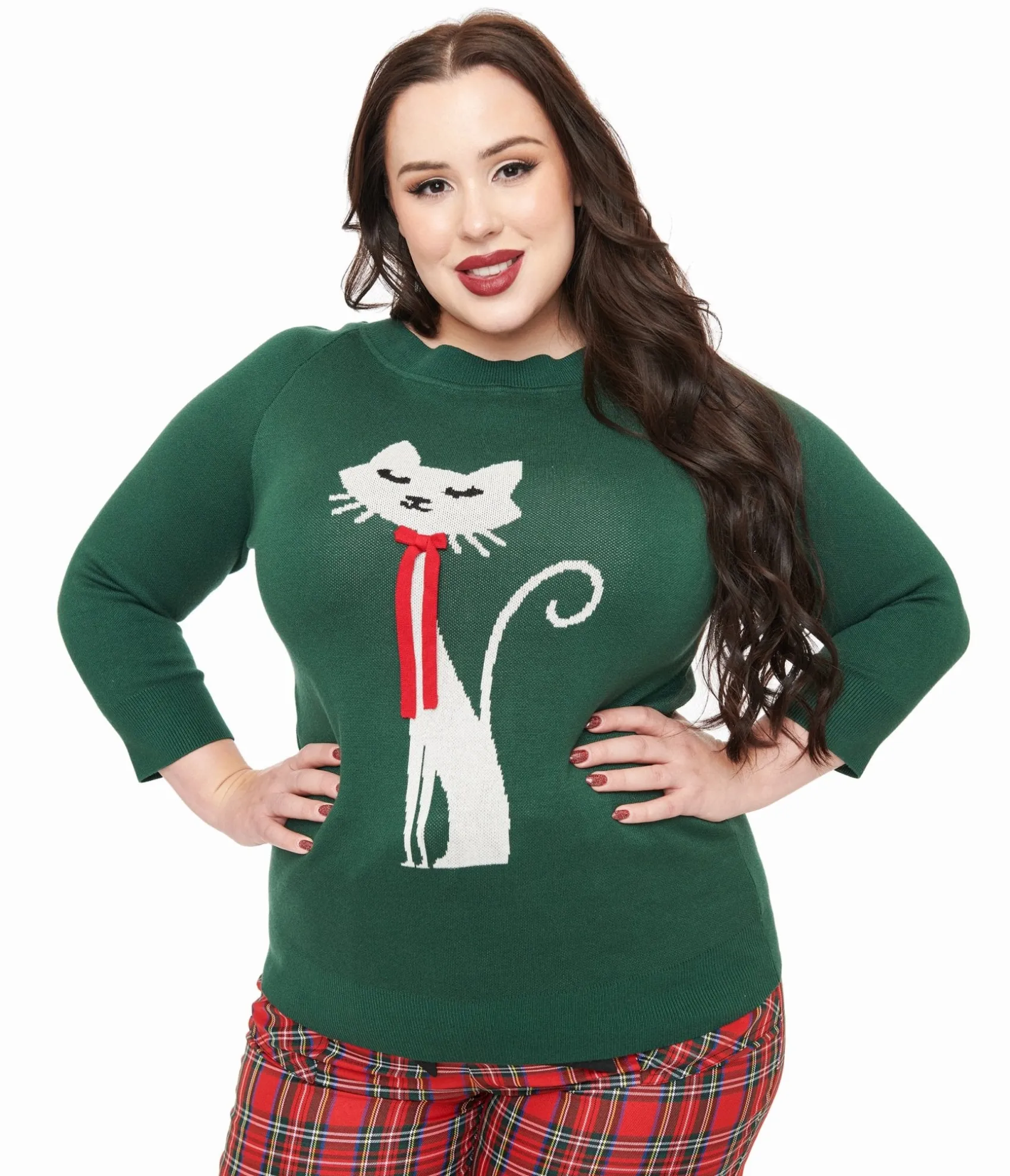 Unique Vintage Plus Size 1960s Forest Green & Cream Cat Lorelai Sweater Sale