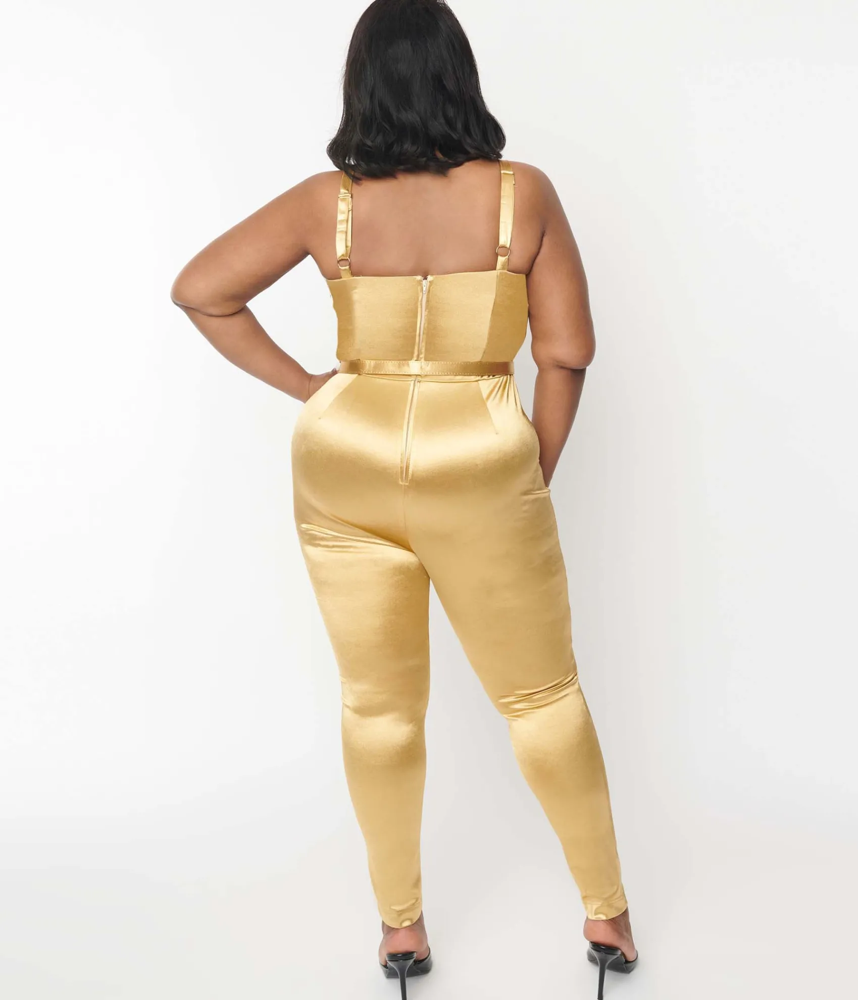 Unique Vintage Plus Size 1970s Gold Spandex Belted Jumpsuit Best