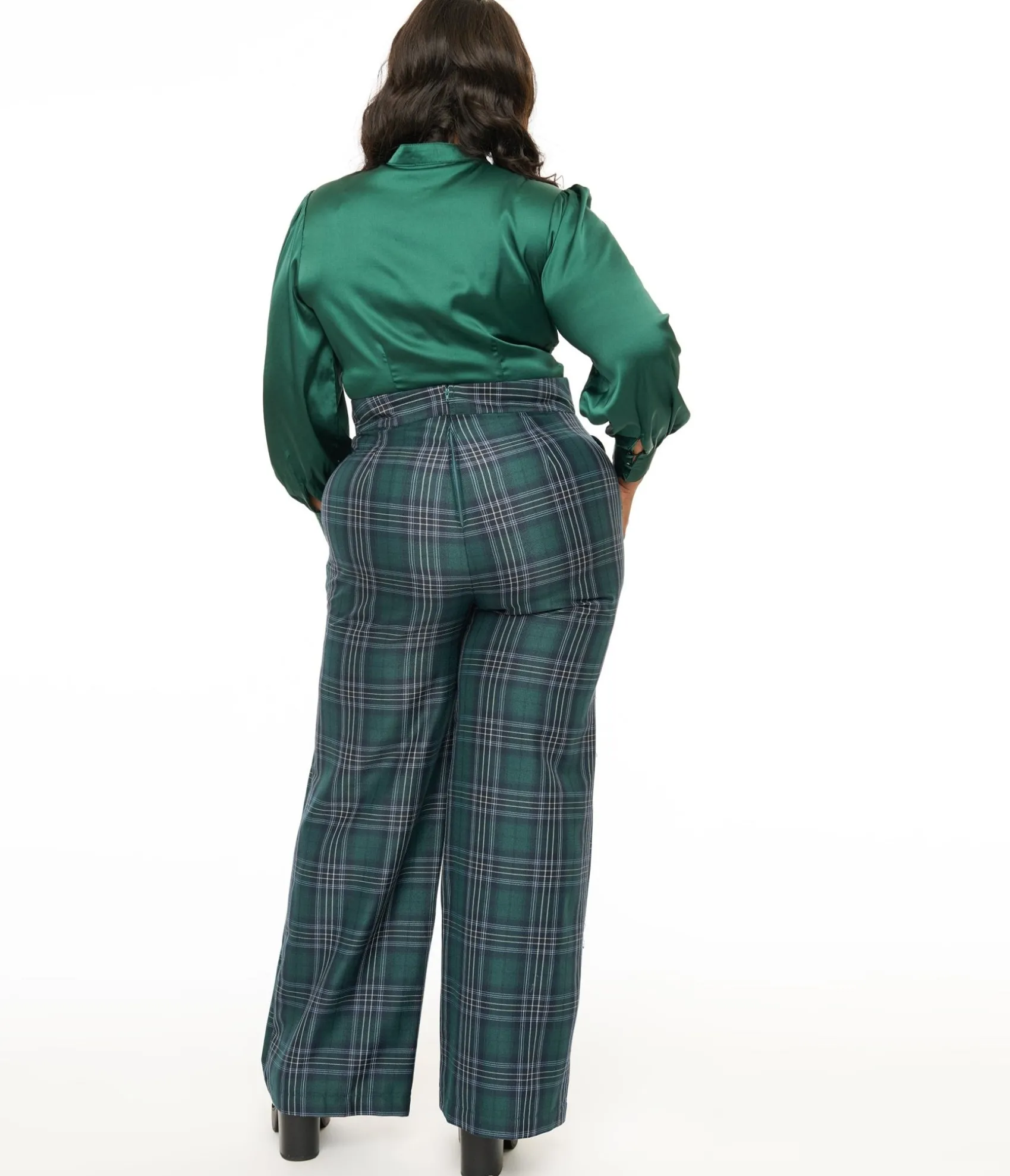 Unique Vintage Plus Size 1940s Green & Black Plaid High Waist Pants Hot