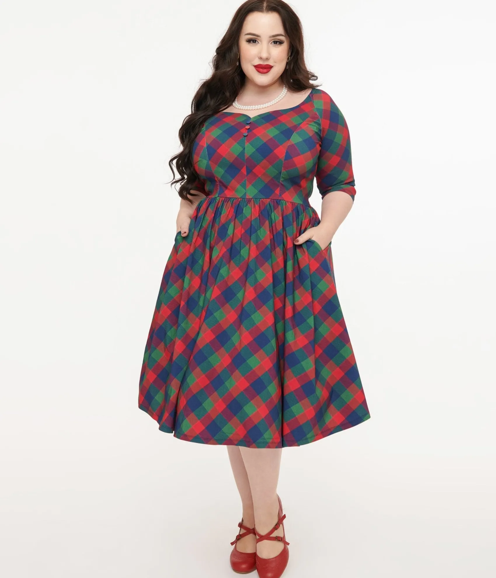 Unique Vintage Plus Size 1950s Green & Red Plaid Sweetheart Swing Dress Online
