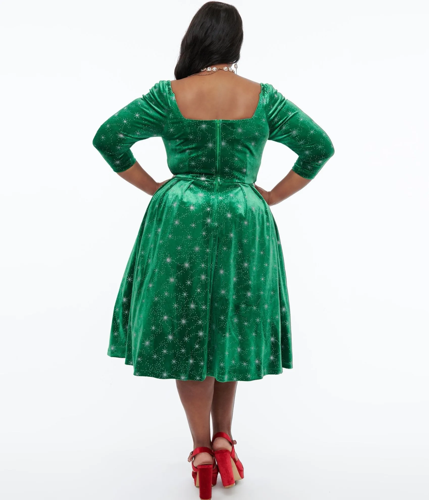 Unique Vintage Plus Size 1950s Green & Silver Snowflake Velvet Lamar Swing Dress Discount