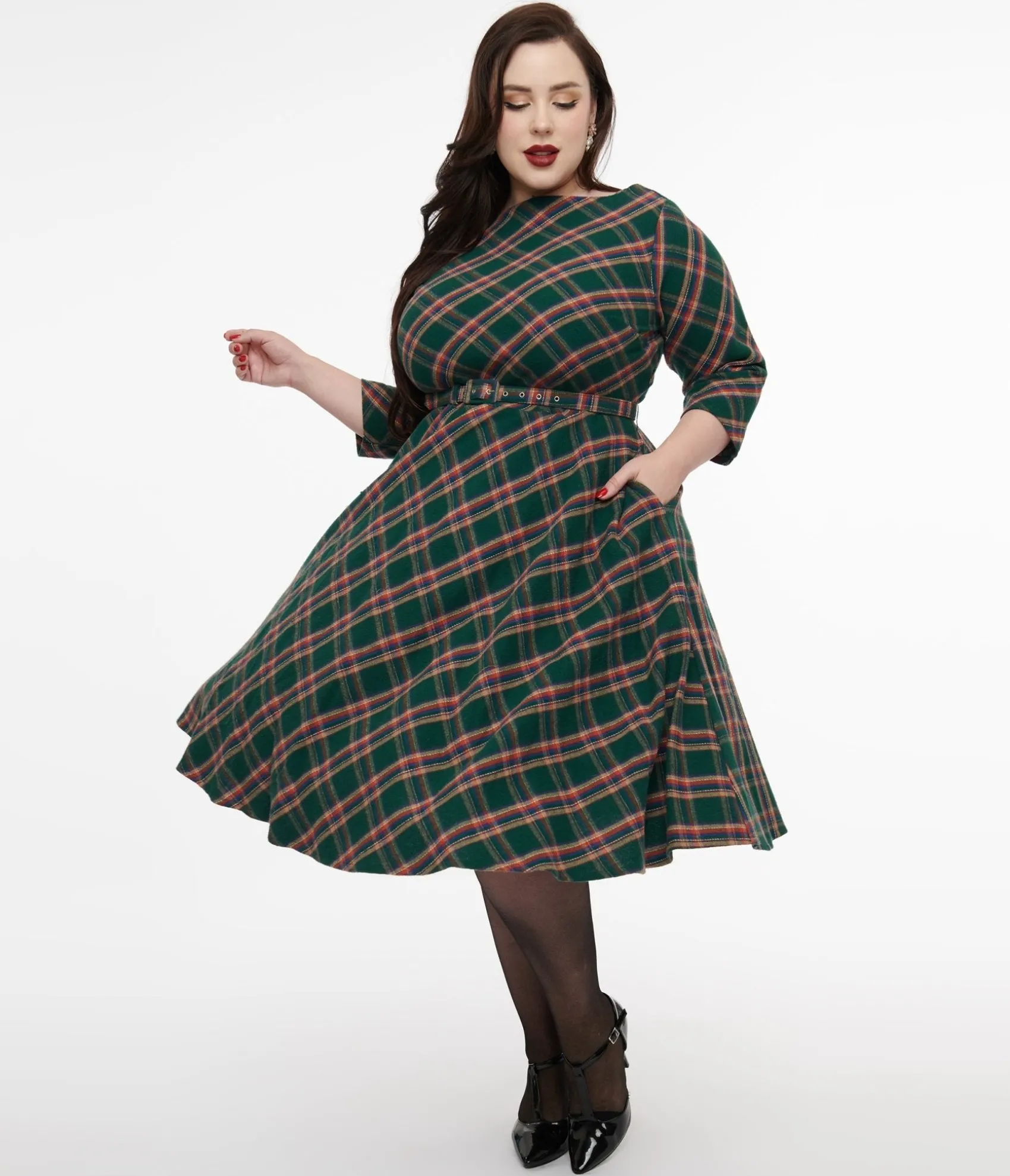 Unique Vintage Plus Size 1950s Green & Tan Plaid Devon Swing Dress Discount