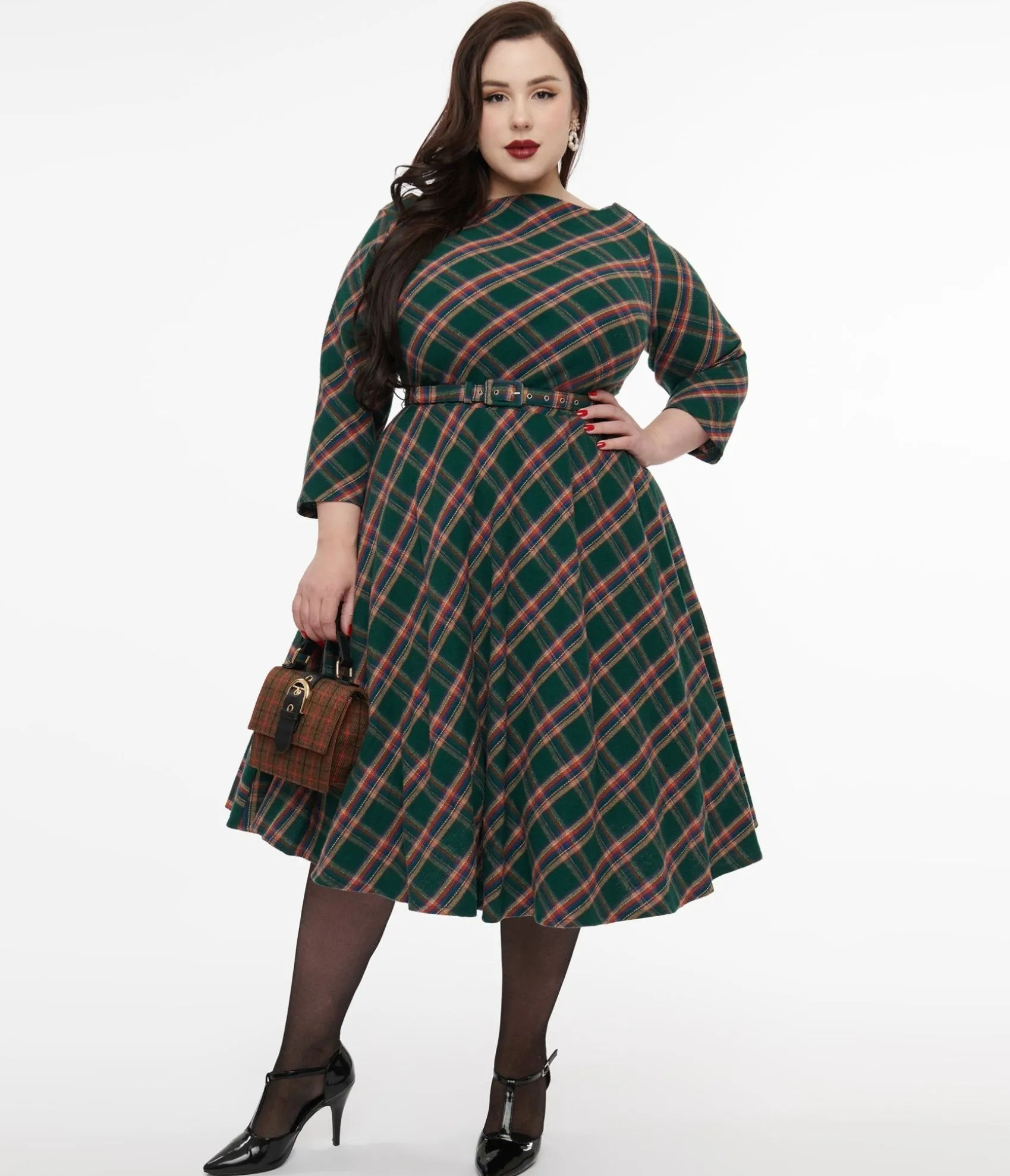 Unique Vintage Plus Size 1950s Green & Tan Plaid Devon Swing Dress Discount