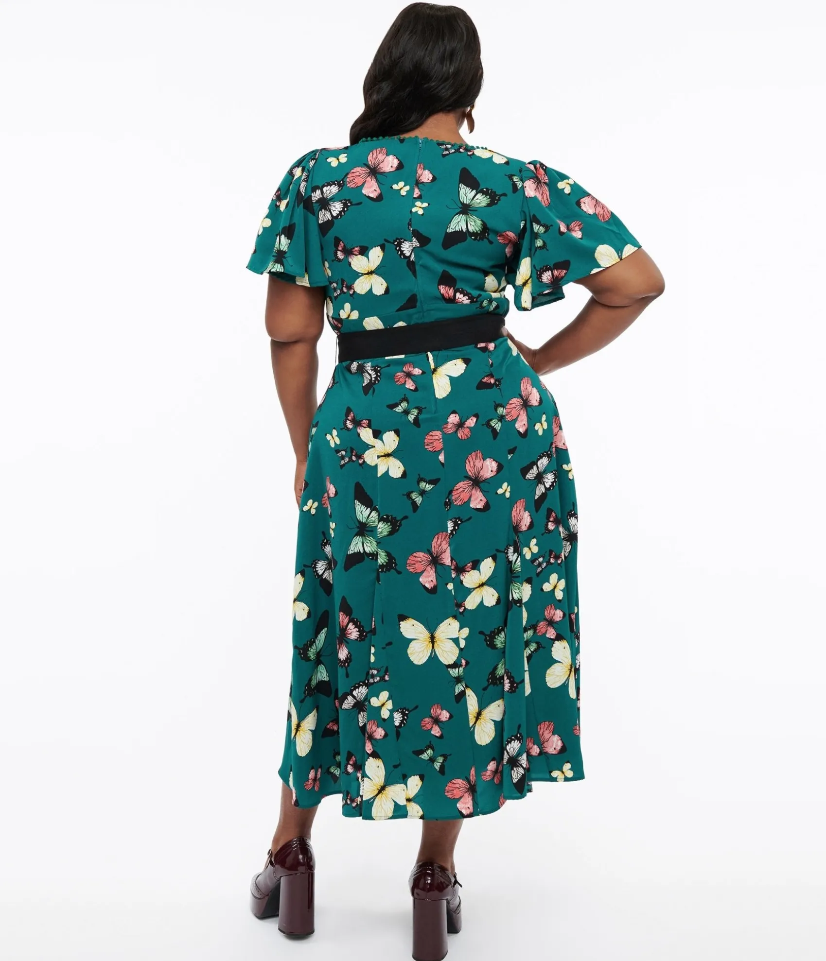 Unique Vintage Plus Size 1940s Green Butterfly Print Midi Dress Best Sale