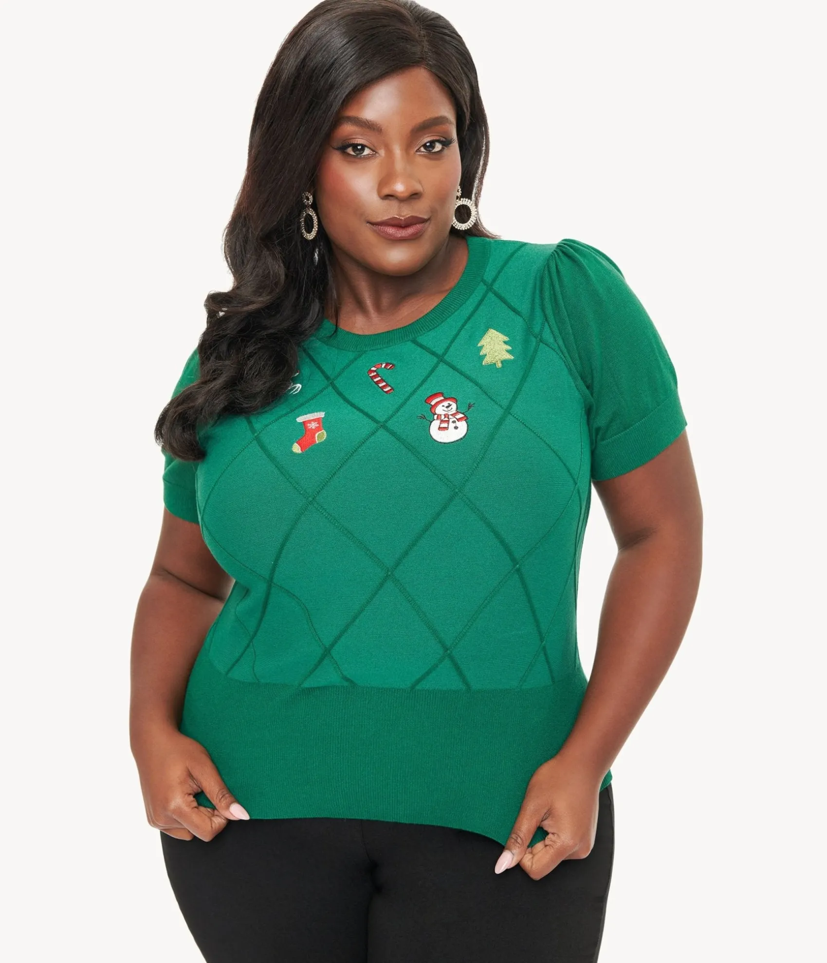 Unique Vintage Plus Size 1950s Green Christmas Embroidered Sweater Flash Sale