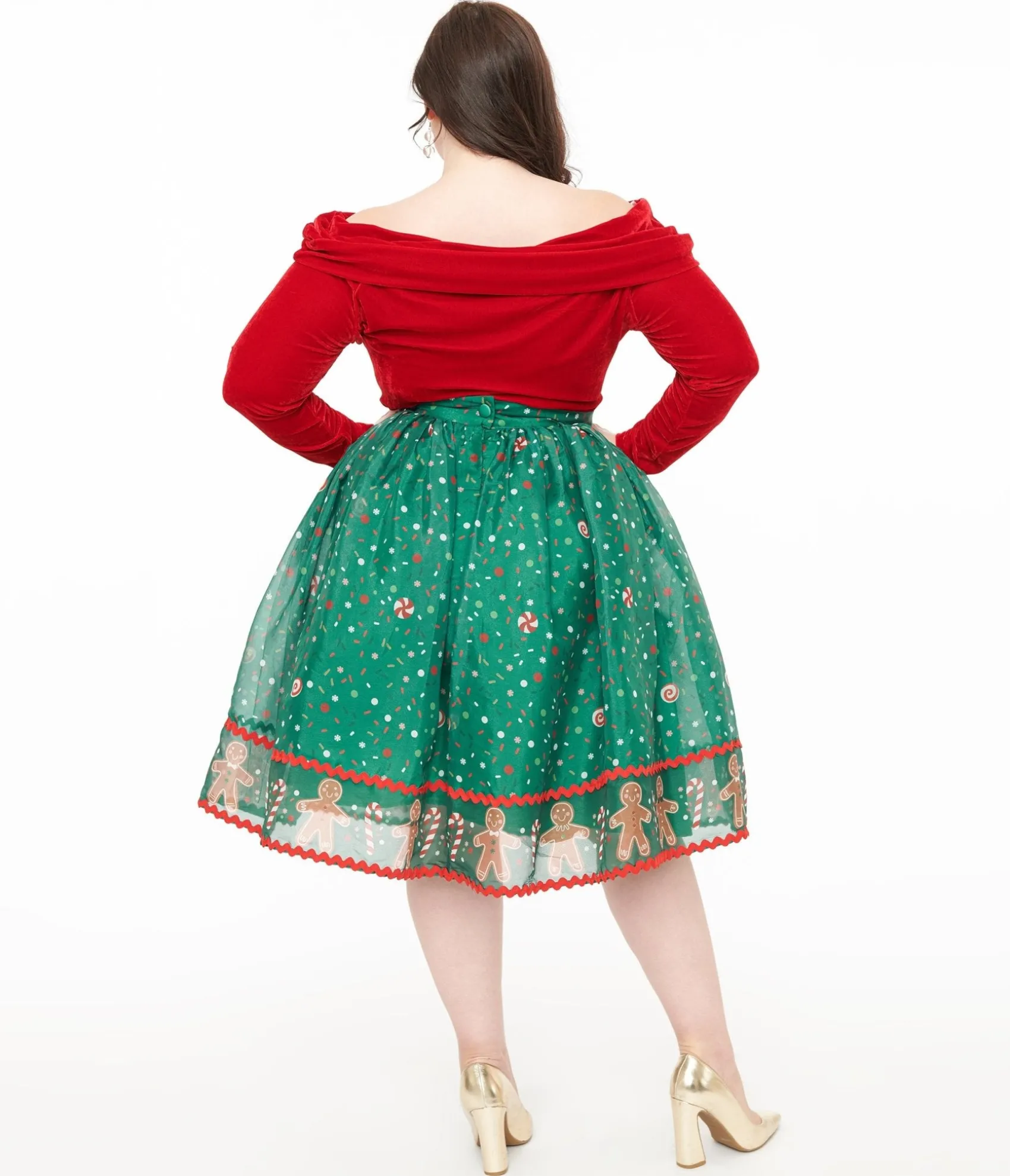 Unique Vintage Plus Size 1950s Green Gingerbread Border Brilliance Swing Skirt Outlet