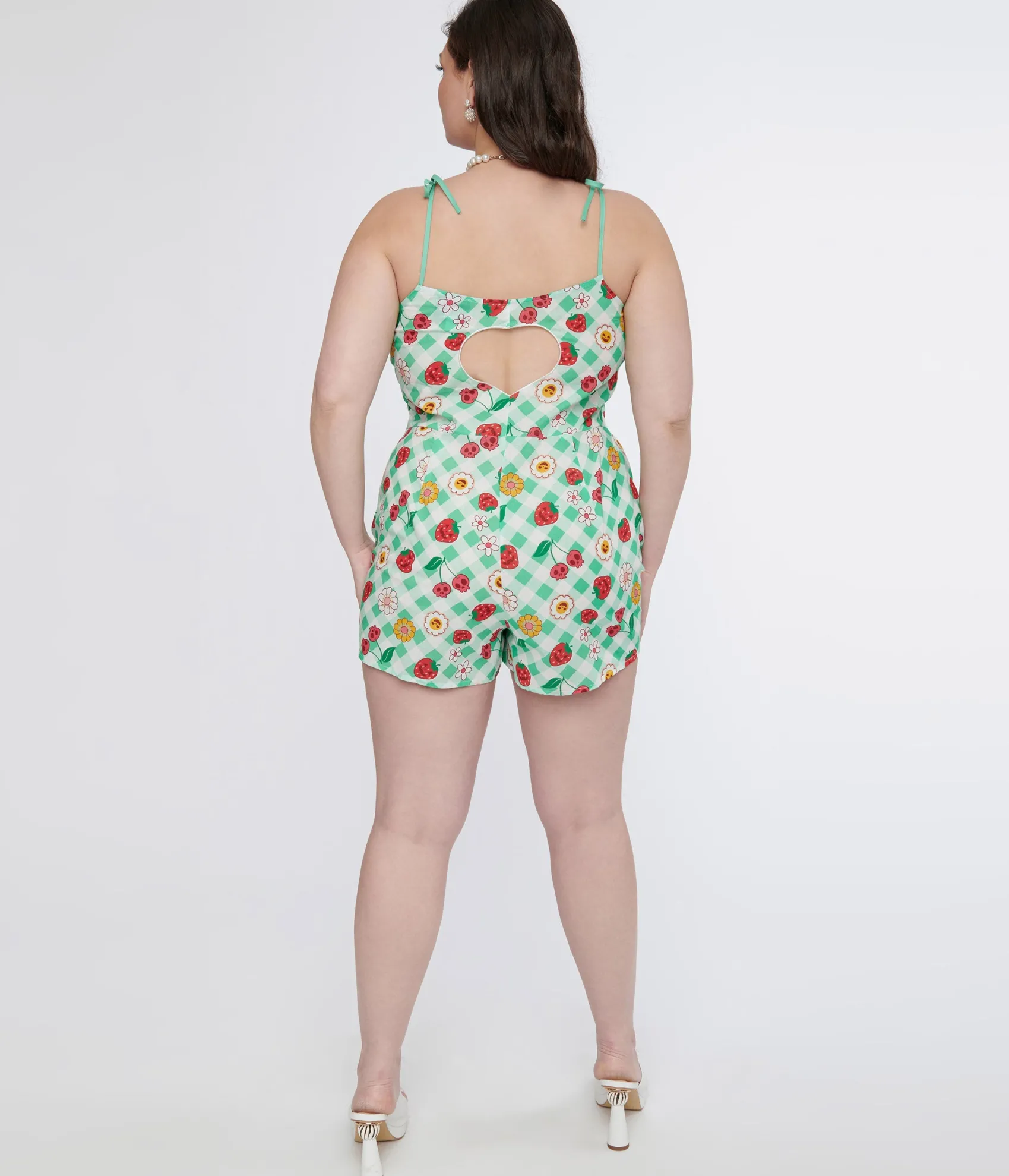 Unique Vintage Plus Size 1950s Green Gingham Spooky Fruit Print Romper & Skirt Set Sale