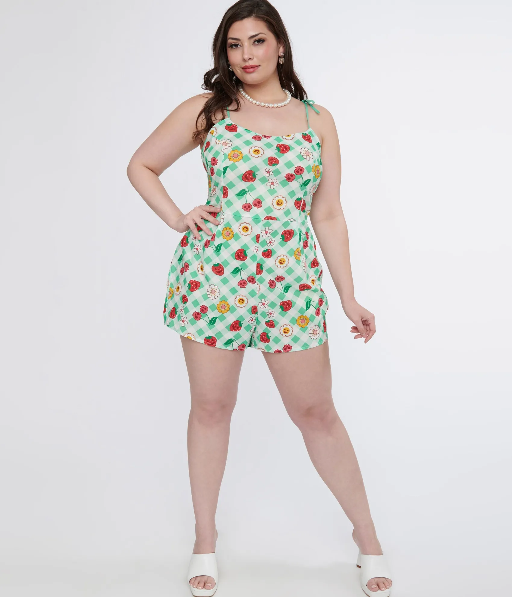 Unique Vintage Plus Size 1950s Green Gingham Spooky Fruit Print Romper & Skirt Set Sale