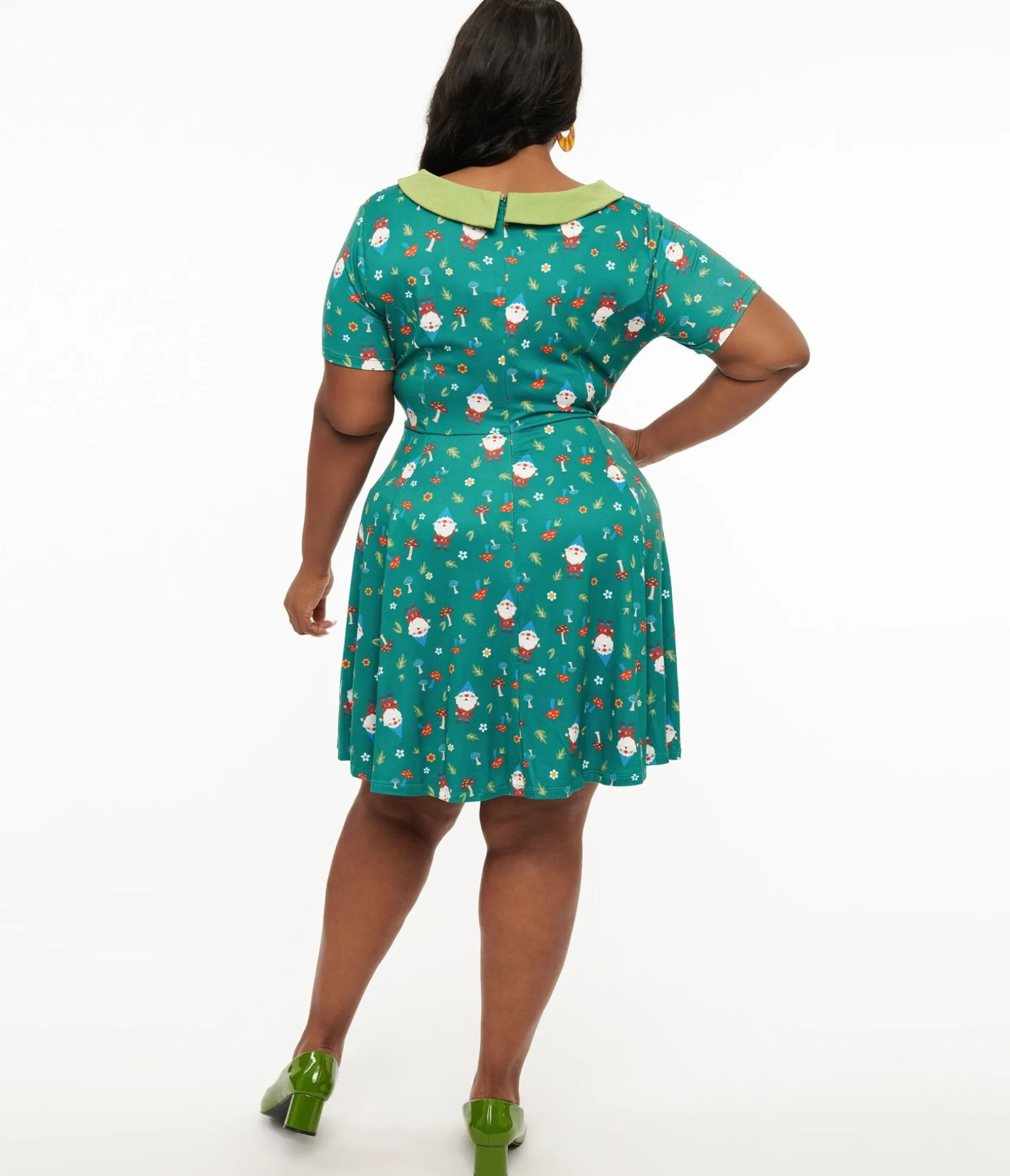 Unique Vintage Plus Size 1950s Green Gnome Print Fit & Flare Dress New