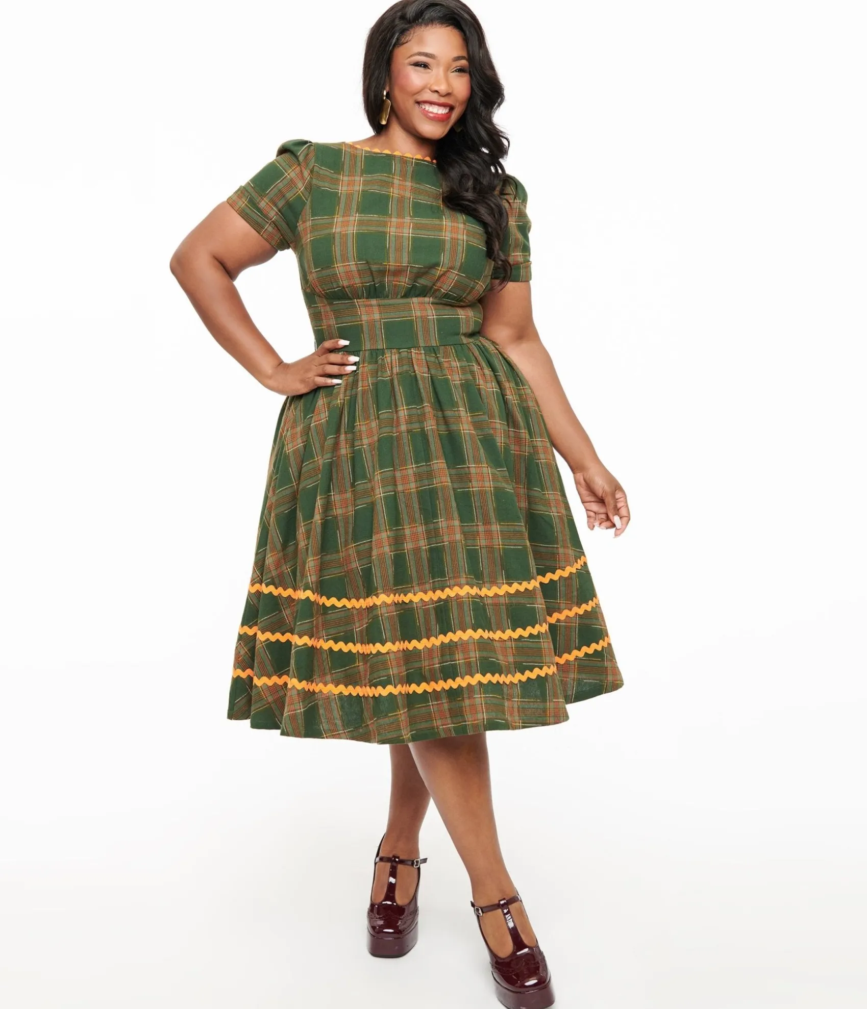 Unique Vintage Plus Size 1950s Green Plaid Cotton Swing Dress Hot