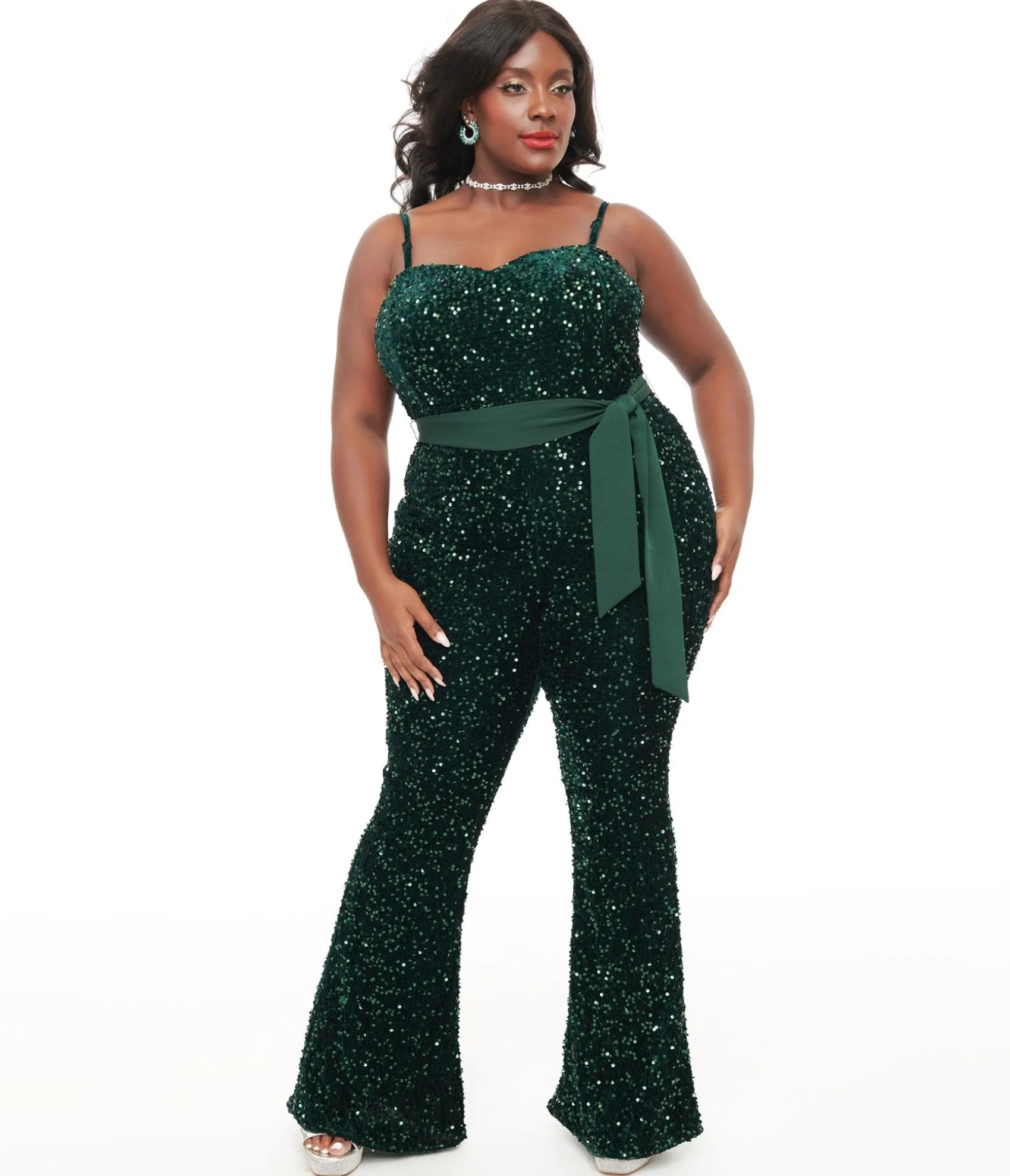Unique Vintage Plus Size 1960s Green Sequin Flare Jumpsuit Hot