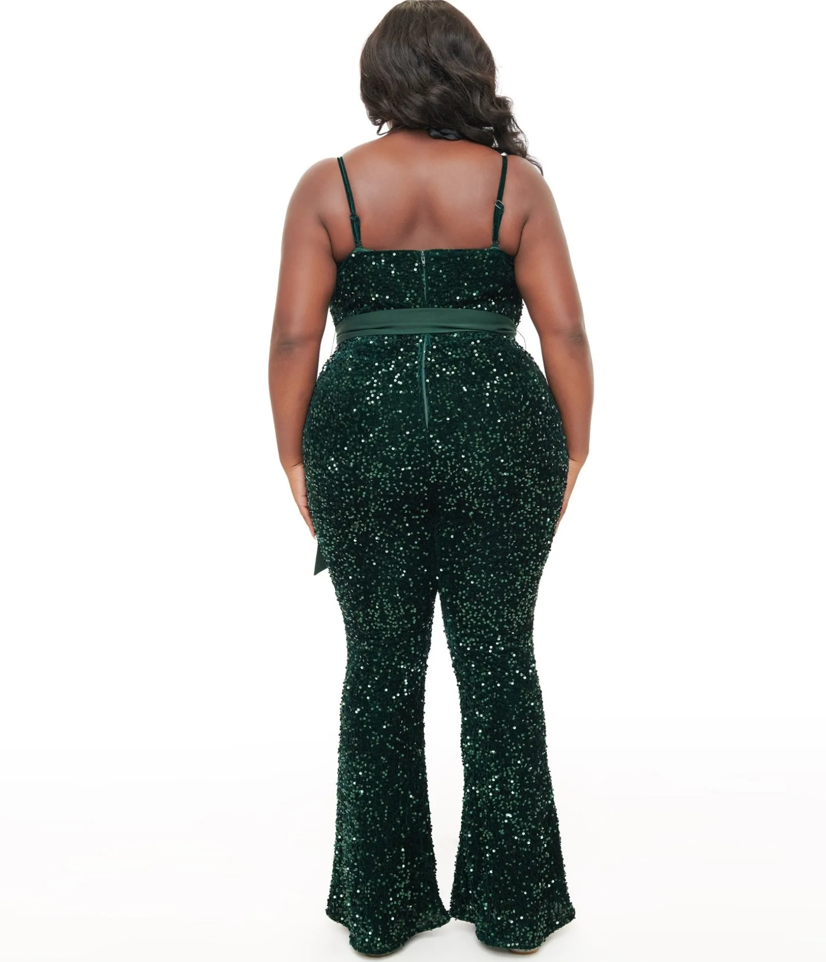 Unique Vintage Plus Size 1960s Green Sequin Flare Jumpsuit Hot