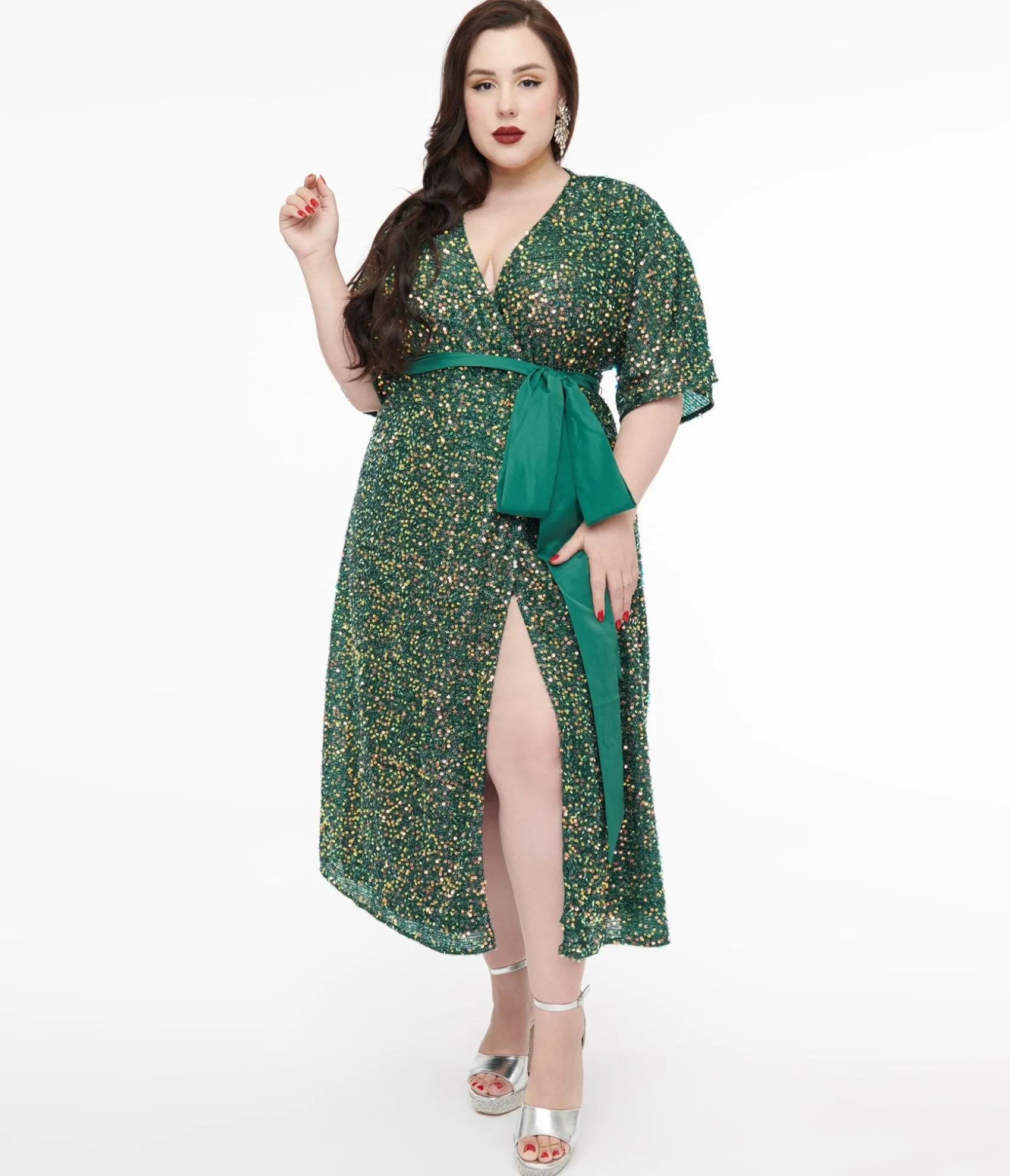 Unique Vintage Plus Size 1960s Green Sequin Wrap Midi Dress Flash Sale