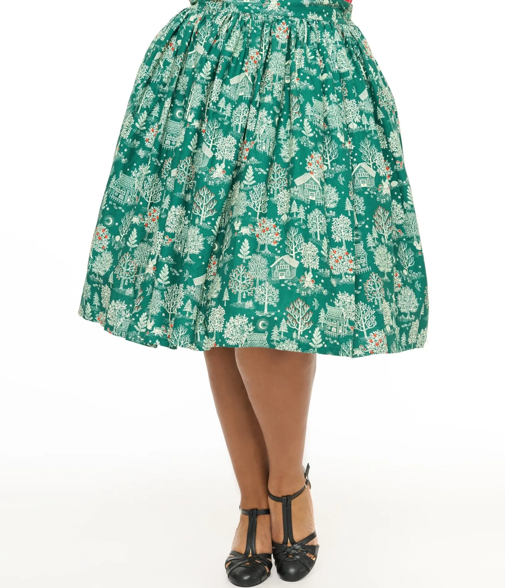 Unique Vintage Plus Size 1950s Green Winter Print Gellar Swing Skirt Best