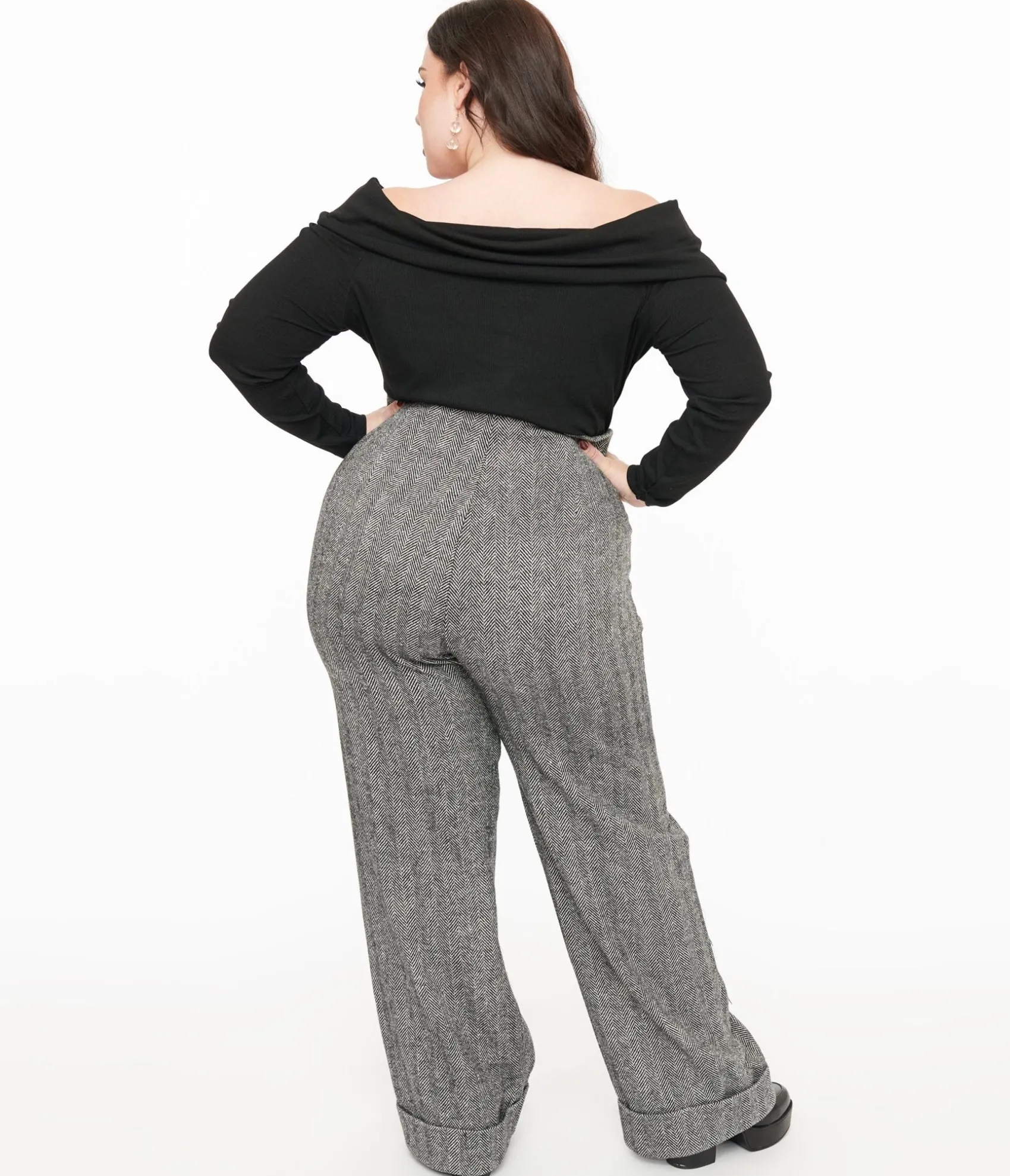 Unique Vintage Plus Size 1940s Grey Herringbone Buttoned Wide Leg Trousers Store