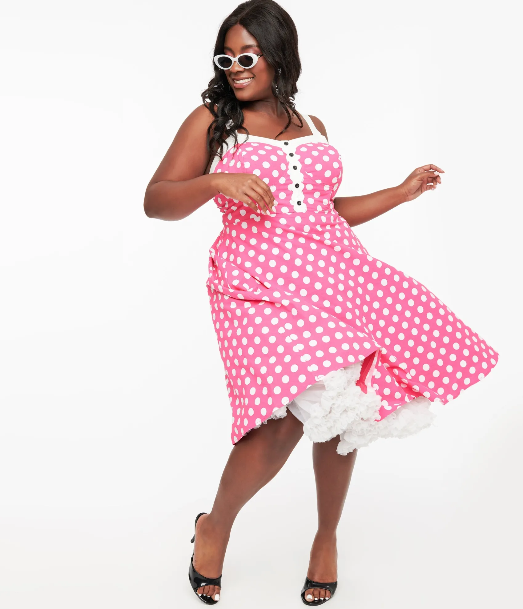 Unique Vintage Plus Size 1950s Hot Pink & White Polka Dot Cotton Swing Dress Best Sale