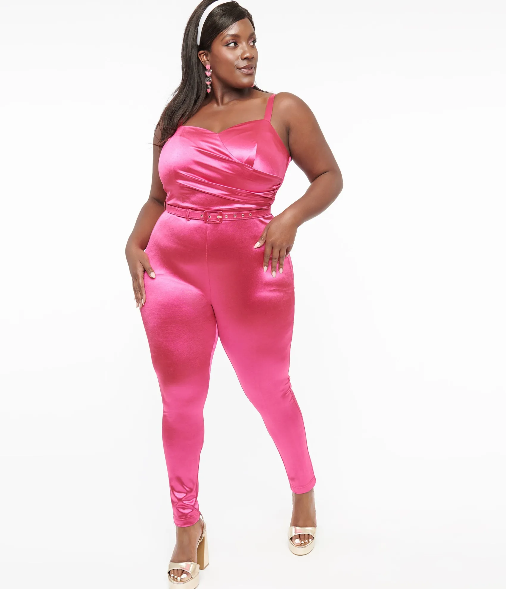 Unique Vintage Plus Size 1970s Hot Pink Spandex Belted Jumpsuit Outlet